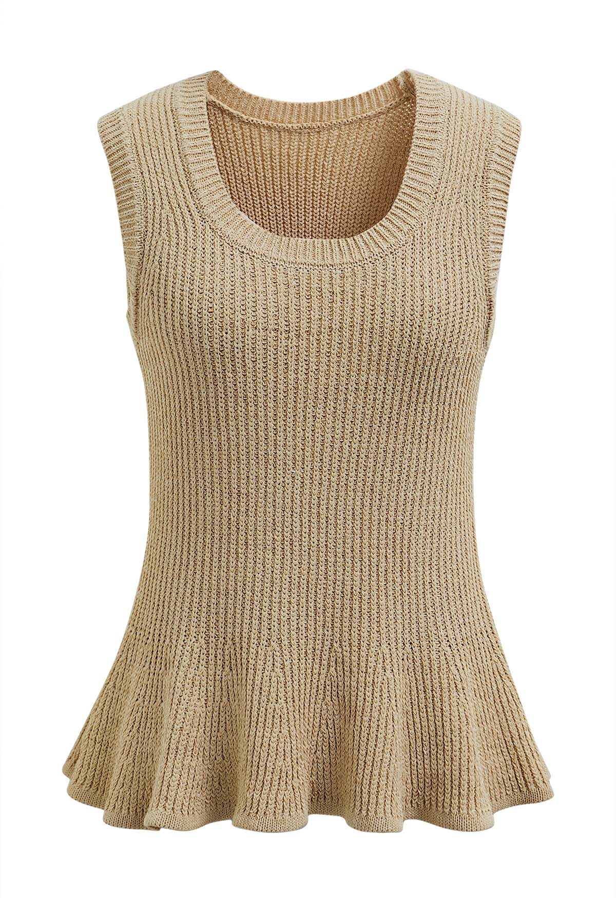 Haut en tricot sans manches à col rond et ourlet volanté en beige clair