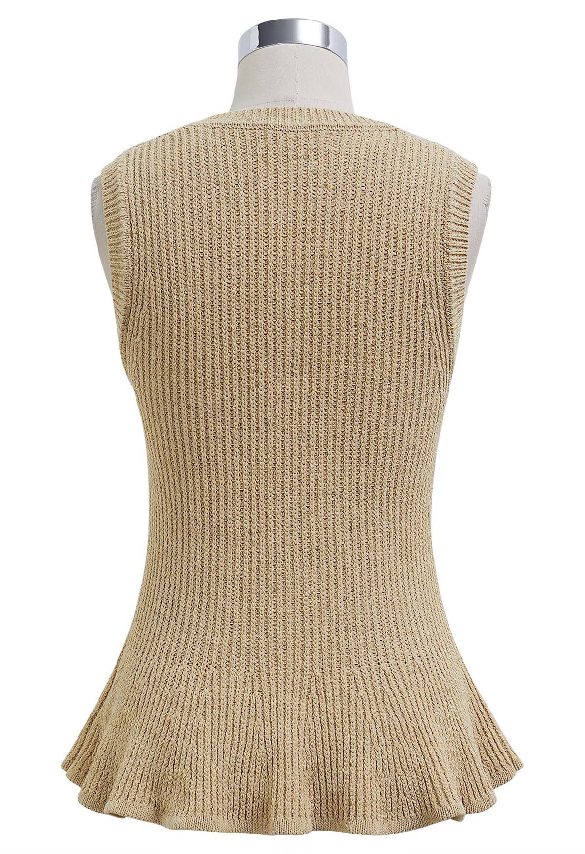 Haut en tricot sans manches à col rond et ourlet volanté en beige clair