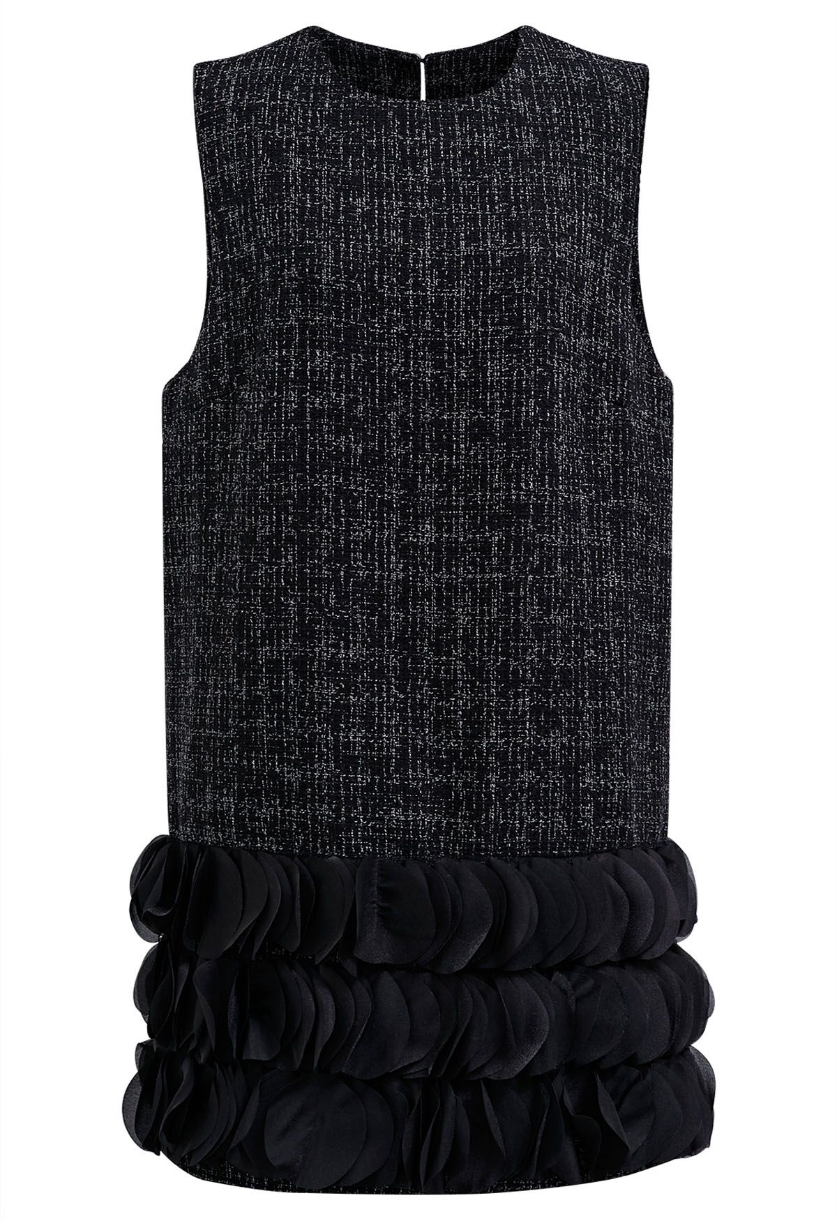 Robe sans manches en tweed à ourlet pétale 3D en noir