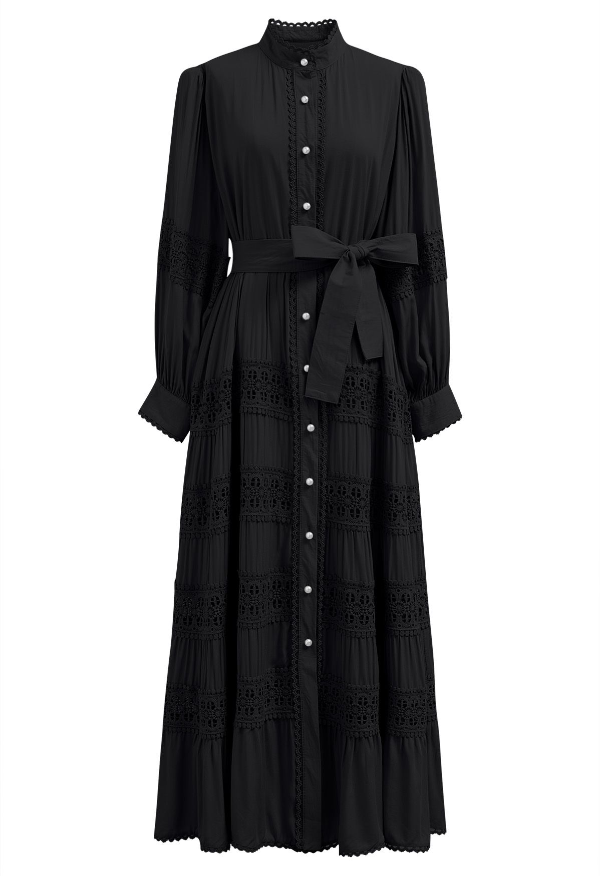 Robe boutonnée à empiècements en crochet et à taille nouée, noire