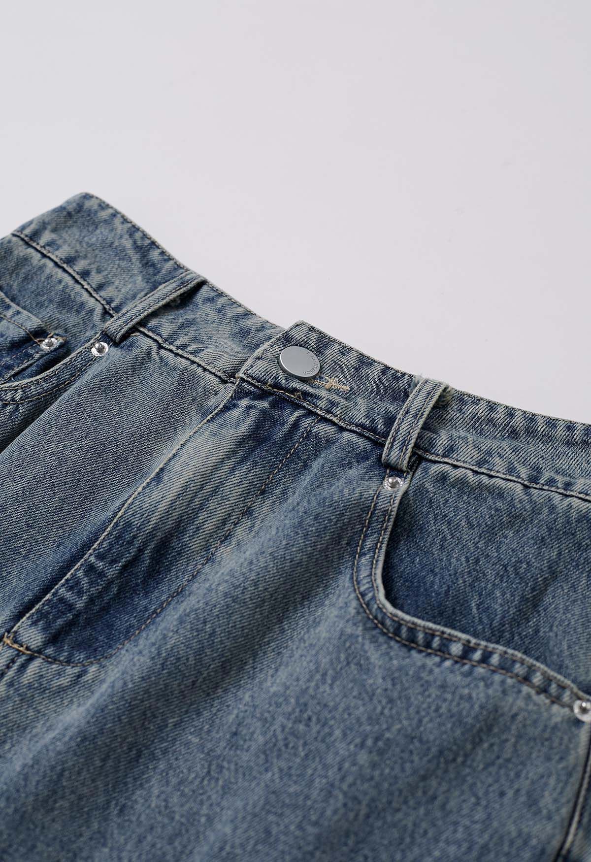 Jupe évasée en jean ceinturée avec poche et bordure en bleu