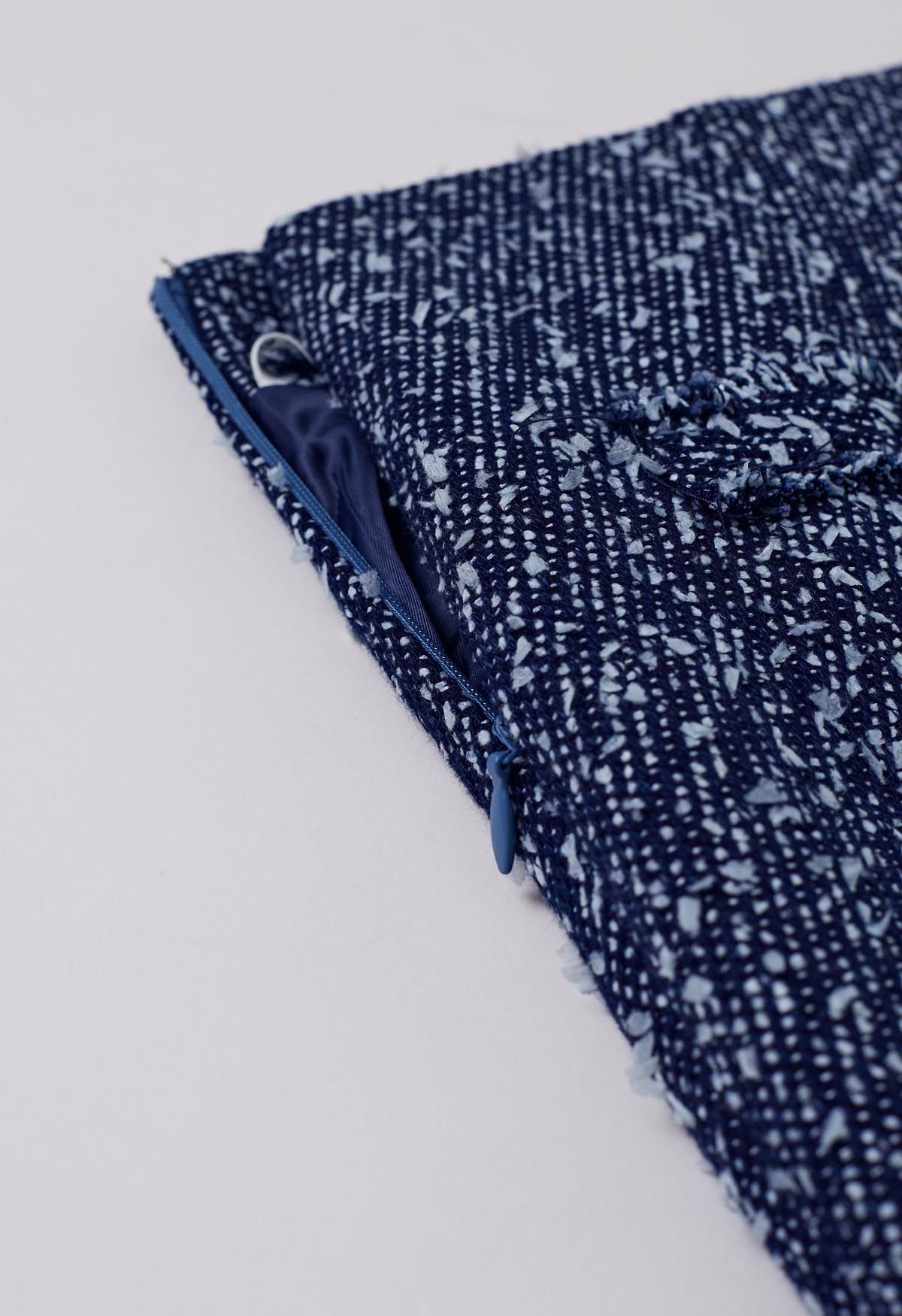 Mini-jupe en tweed boutonnée de couleurs mélangées, bleu marine