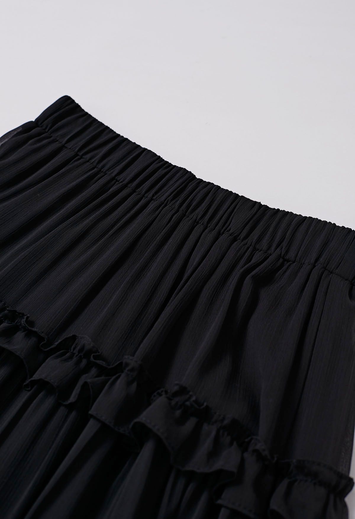 Adorable jupe longue évasée à volants en noir