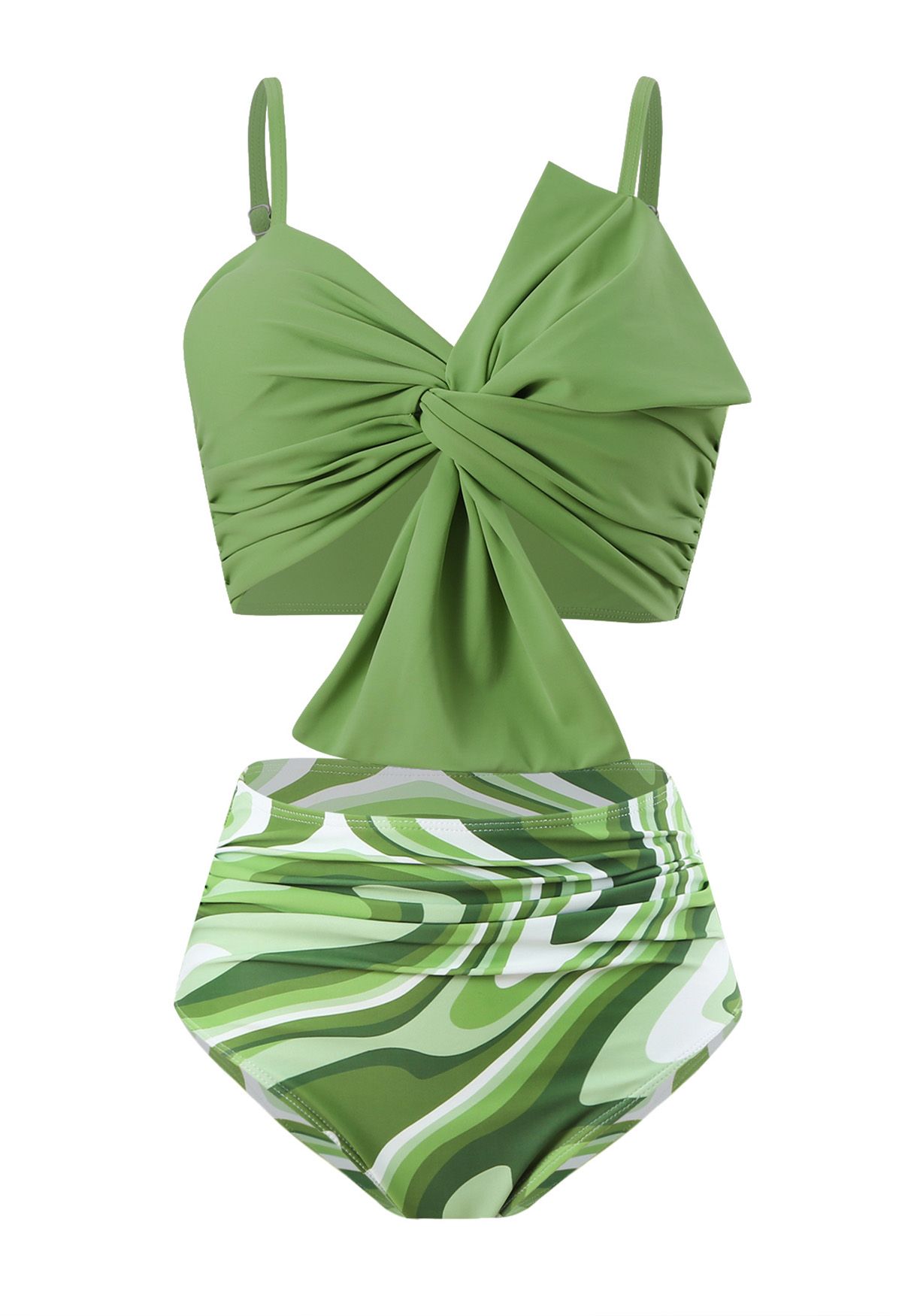 Ensemble de bikini froncé avec nœud sur le devant et imprimé vert