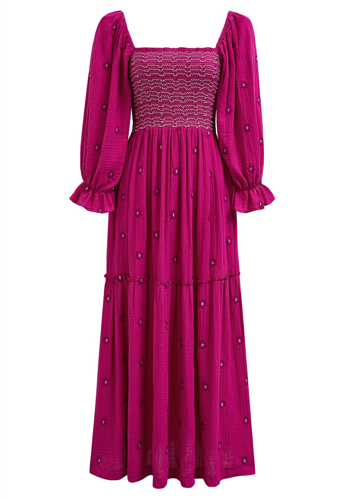 Robe midi à col carré brodée Floret en rose vif