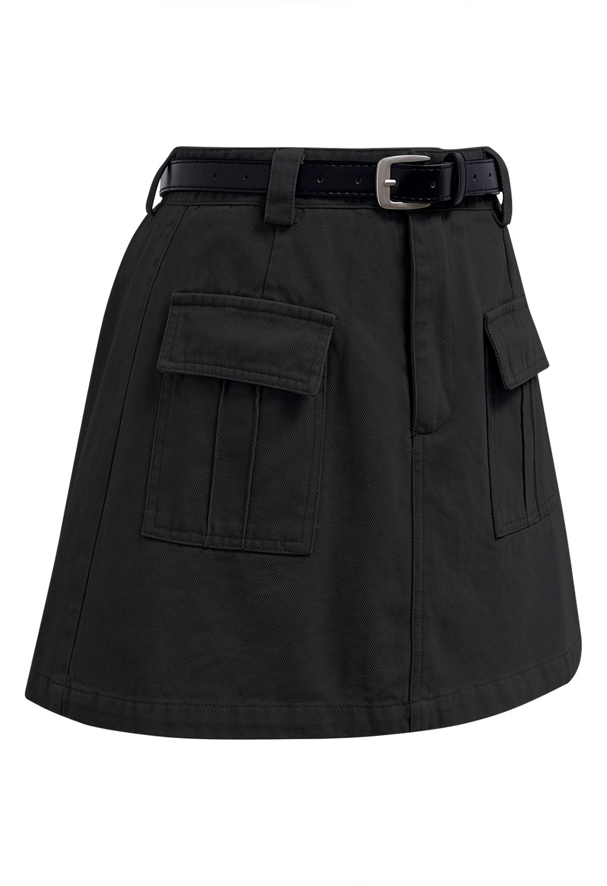 Mini-jupe en jean avec poche à rabat et ceinture, noir