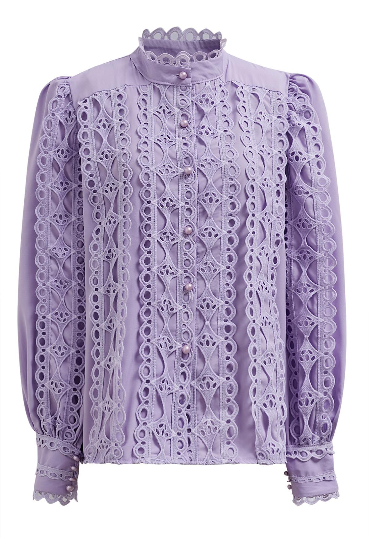 Chemise boutonnée à manches bulles et découpes exquises en lilas