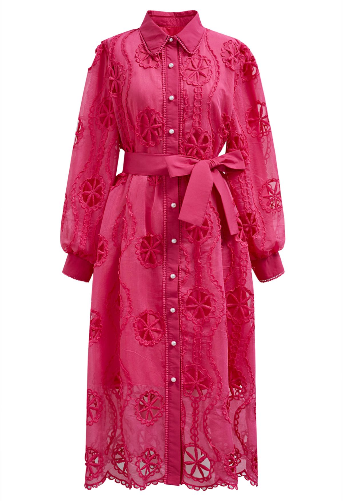 Robe midi boutonnée au crochet découpée en rose vif