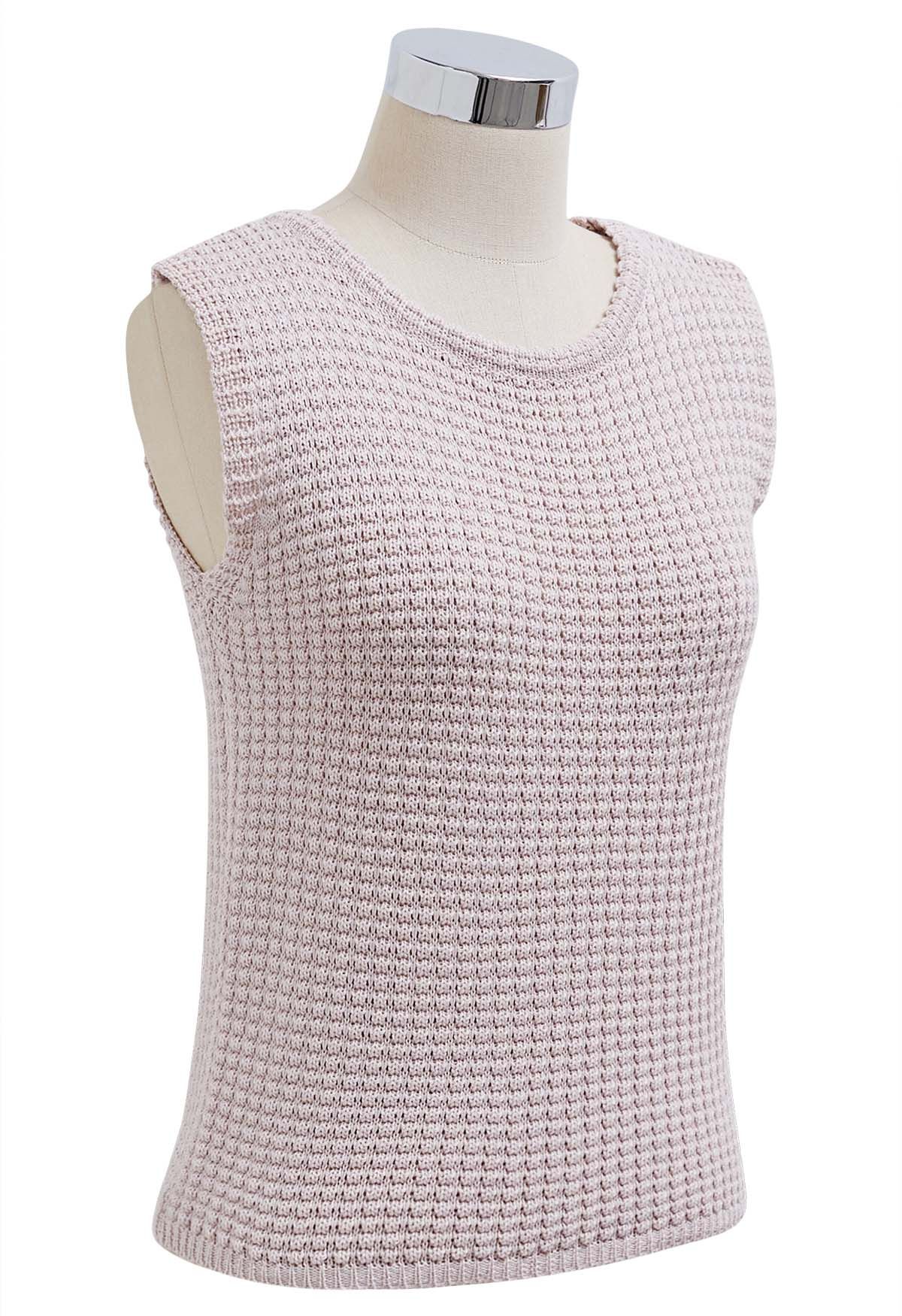 Haut sans manches en tricot ajouré de couleur unie en rose clair
