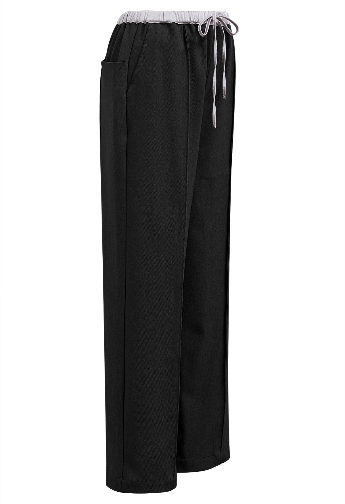 Pantalon droit avec coutures contrastées à la taille, noir