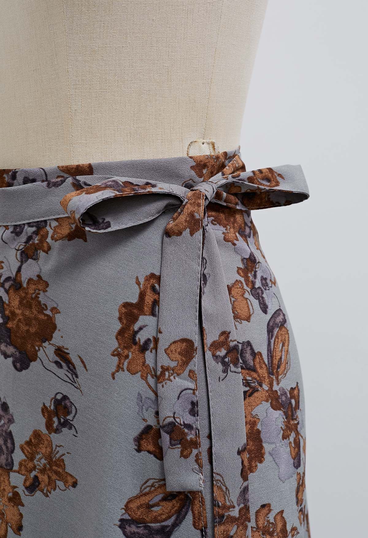 Jupe portefeuille vintage à imprimé floral et taille nouée
