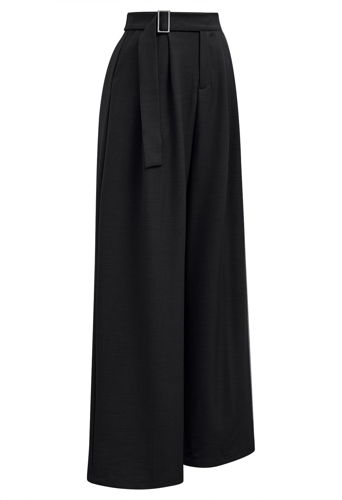 Pantalon large taille haute ceinturé uni en noir