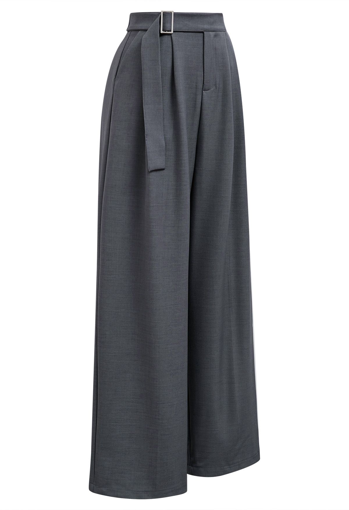 Pantalon large taille haute ceinturé uni en gris