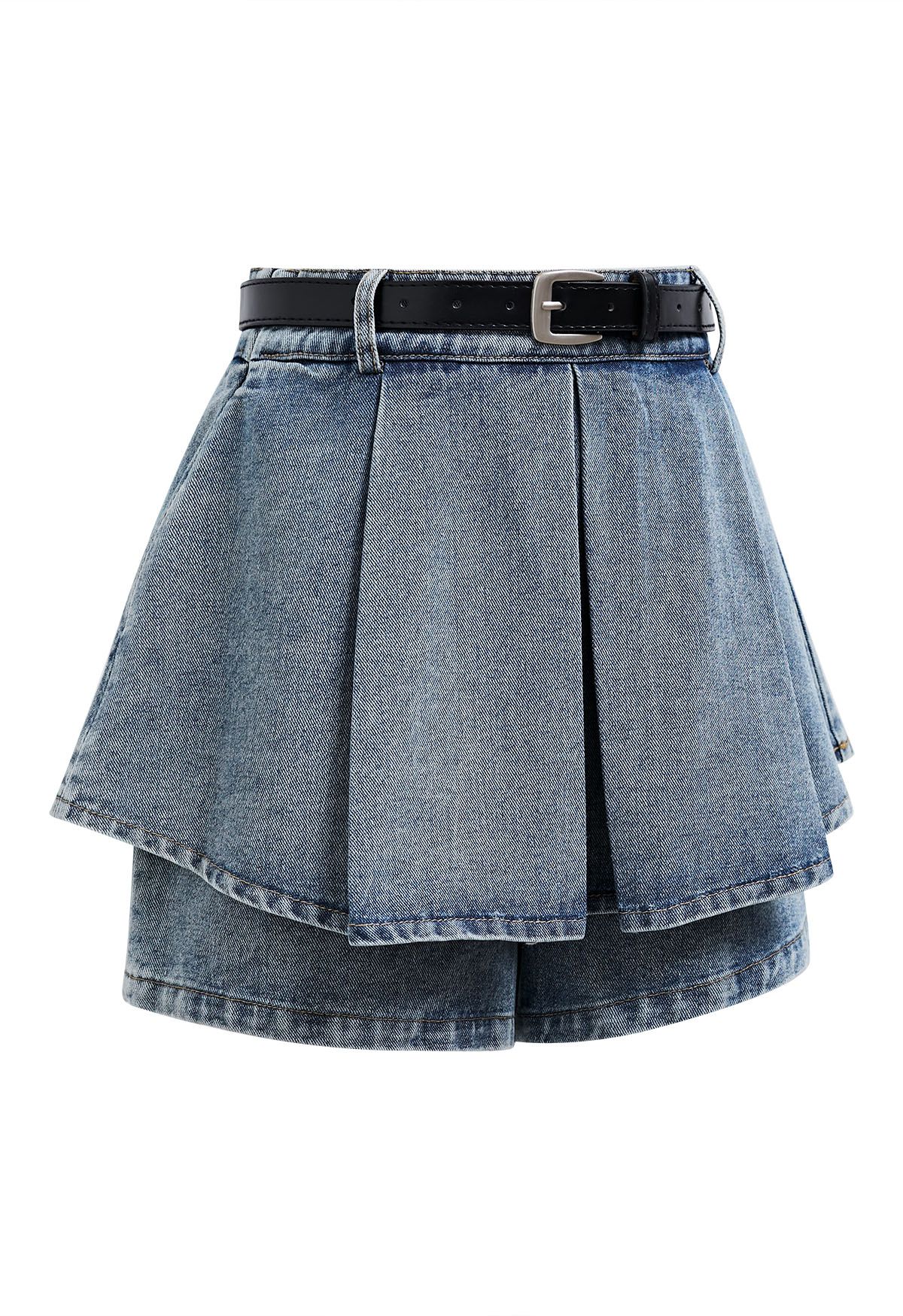 Mini-jupe-short en jean avec ceinture plissée sur le devant, bleu
