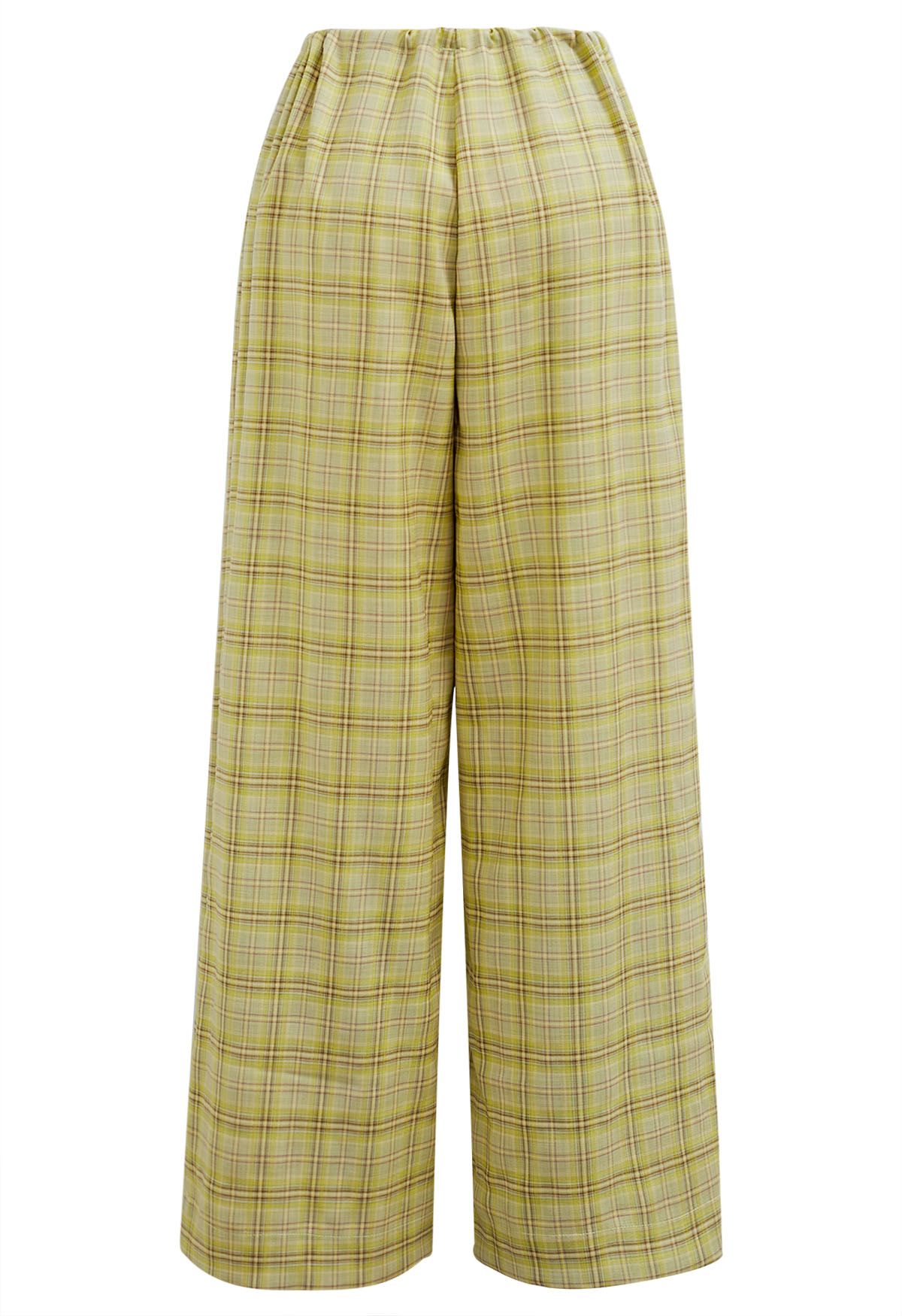 Pantalon à motif écossais avec cordon de serrage à la taille, couleur citron vert