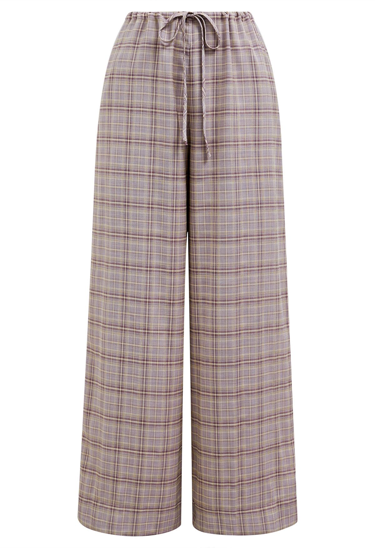 Pantalon à taille avec cordon de serrage à motif écossais en lilas