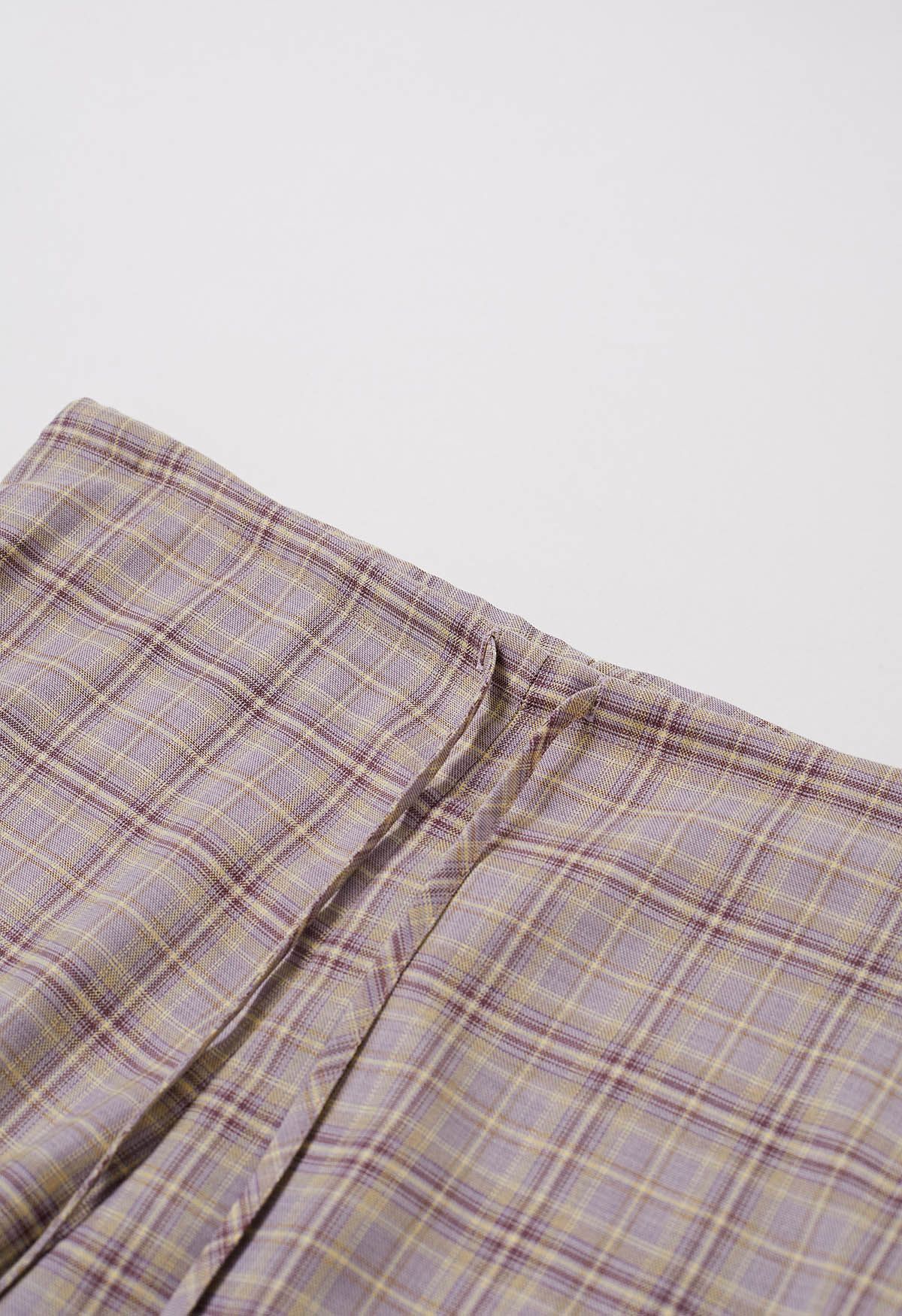 Pantalon à taille avec cordon de serrage à motif écossais en lilas