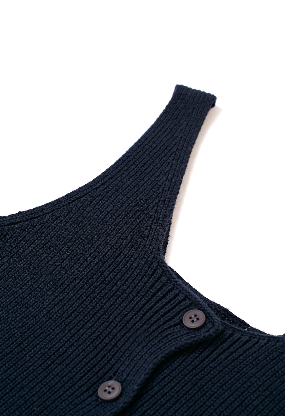 Haut court boutonné en tricot sans manches en bleu marine