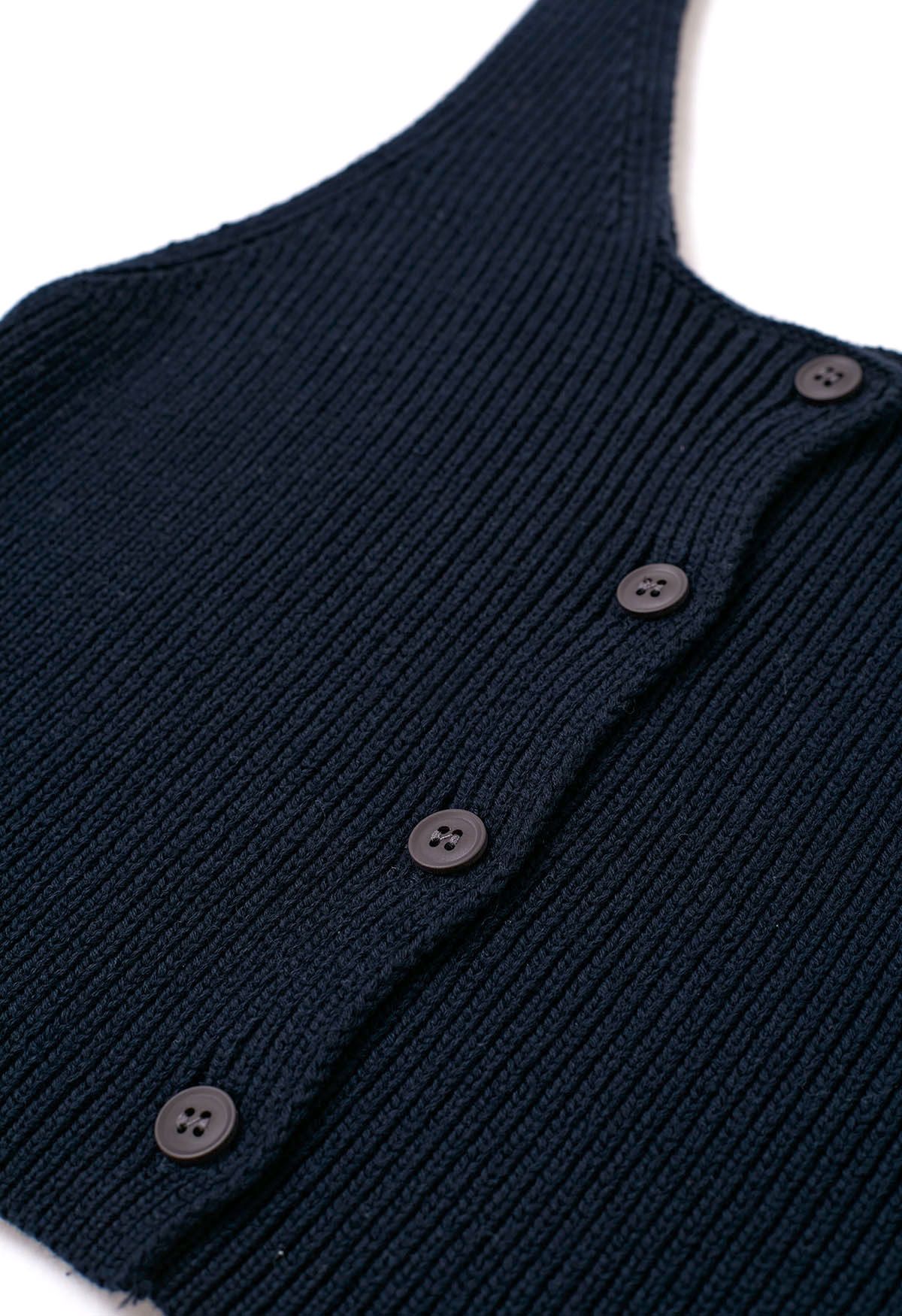 Haut court boutonné en tricot sans manches en bleu marine