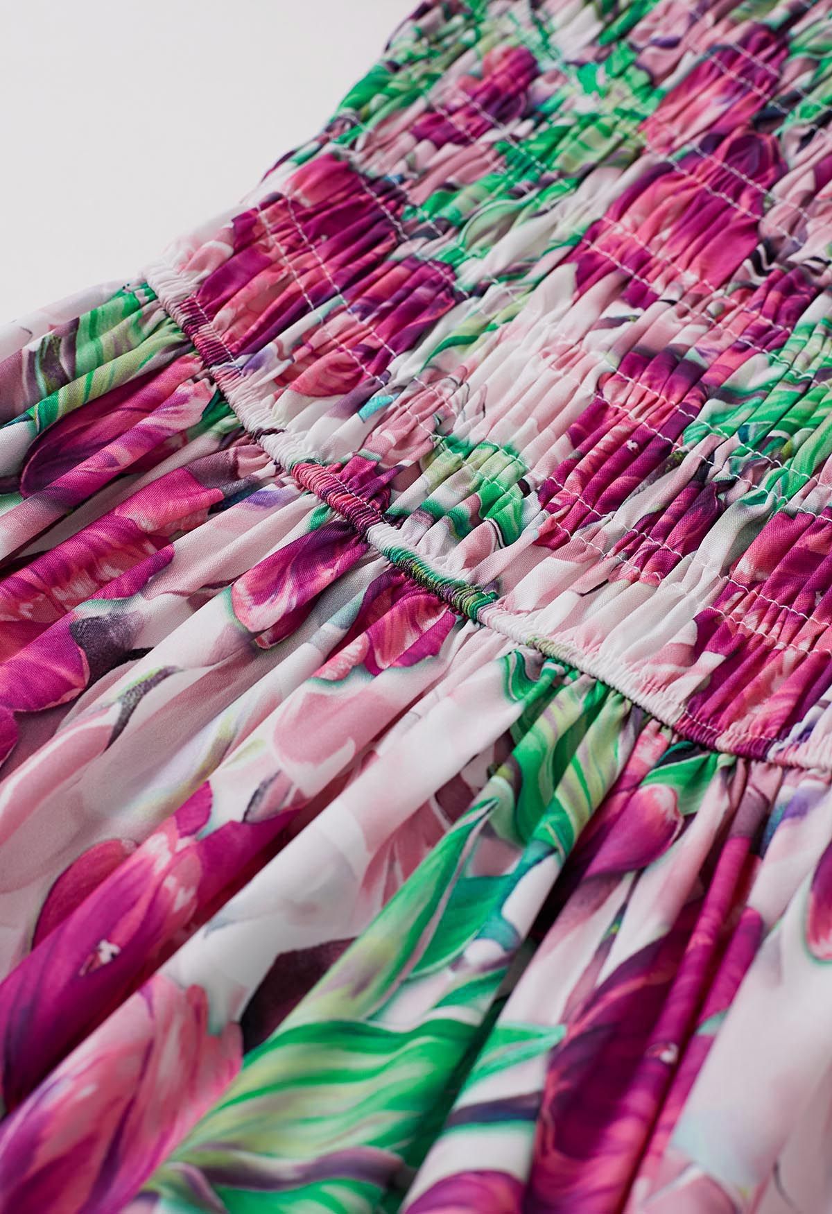 Robe mi-longue vibrante à manches bulles et tulipes en rose