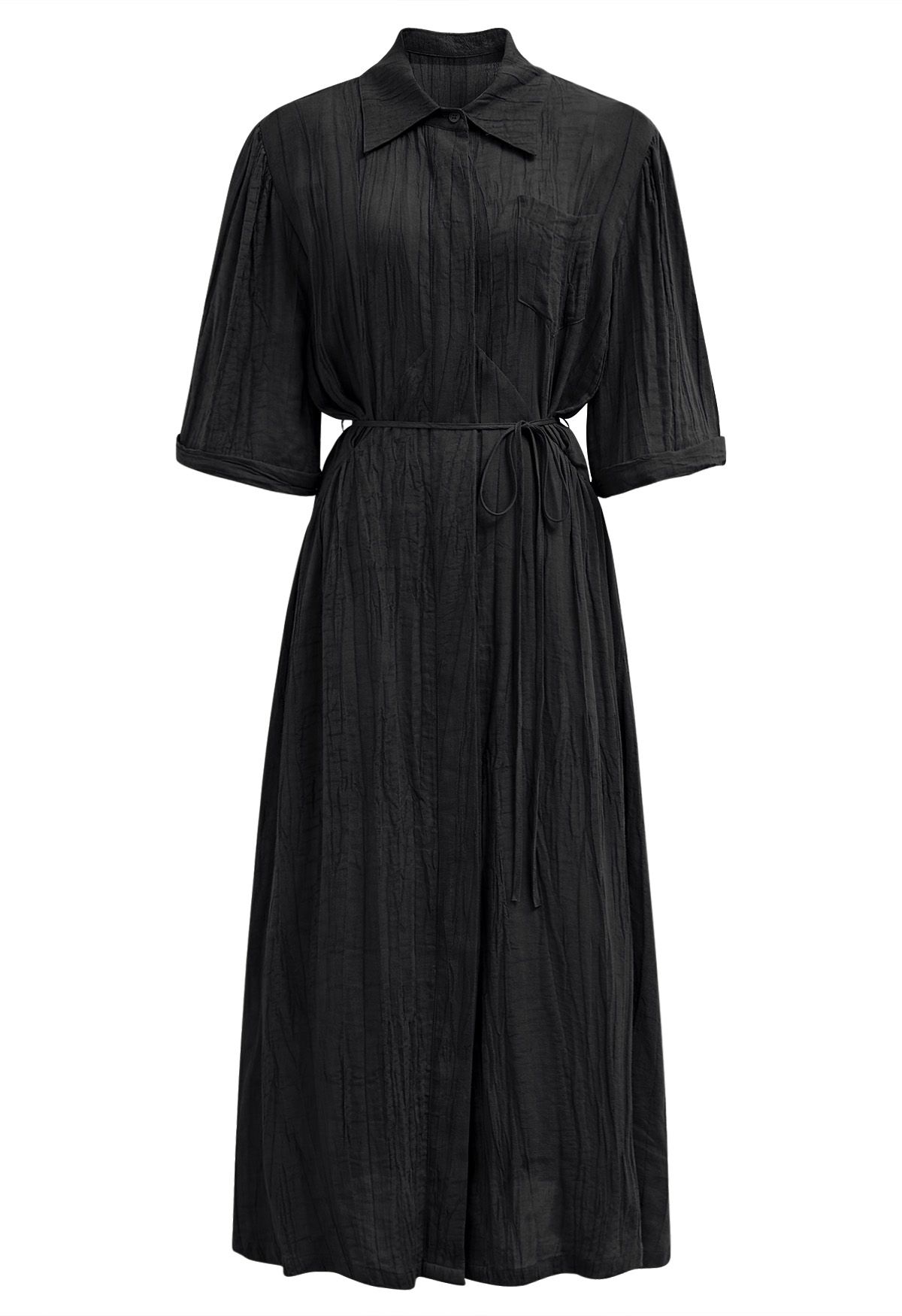 Robe chemise boutonnée à manches aux coudes et à la taille en noir