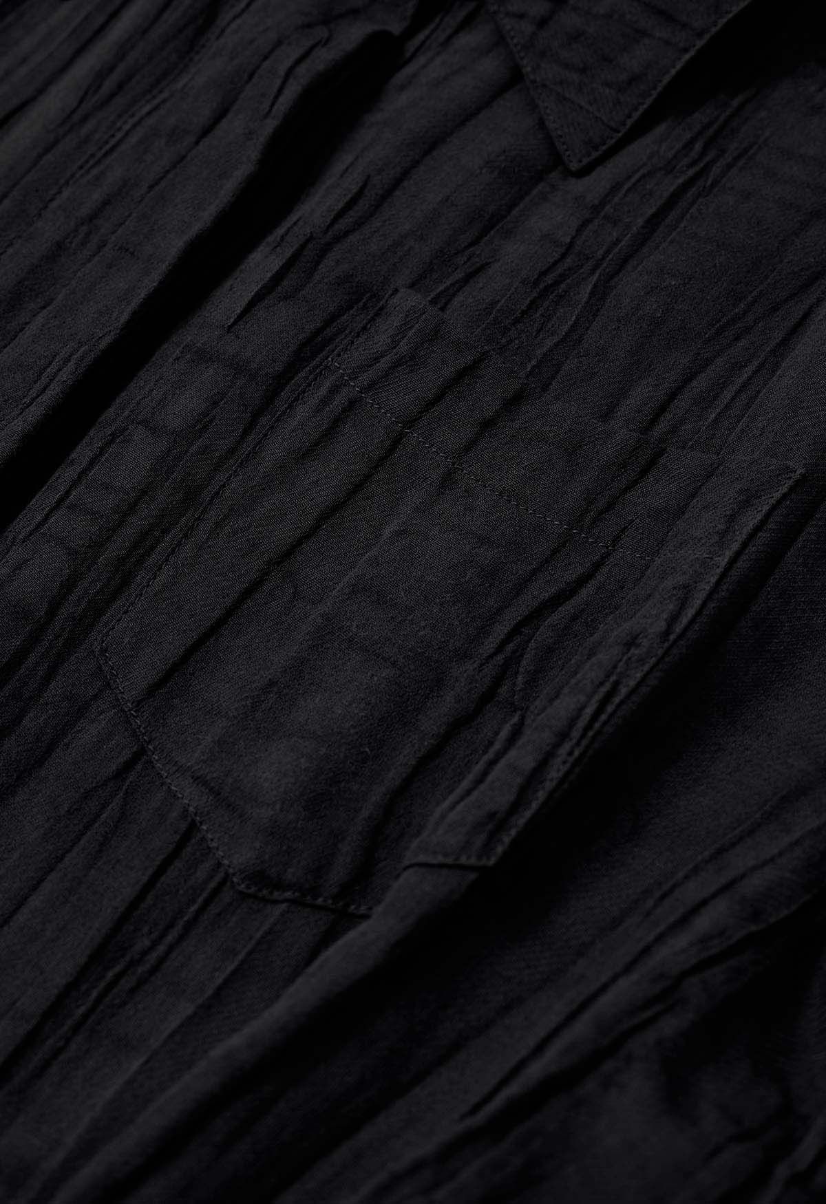 Robe chemise boutonnée à manches aux coudes et à la taille en noir