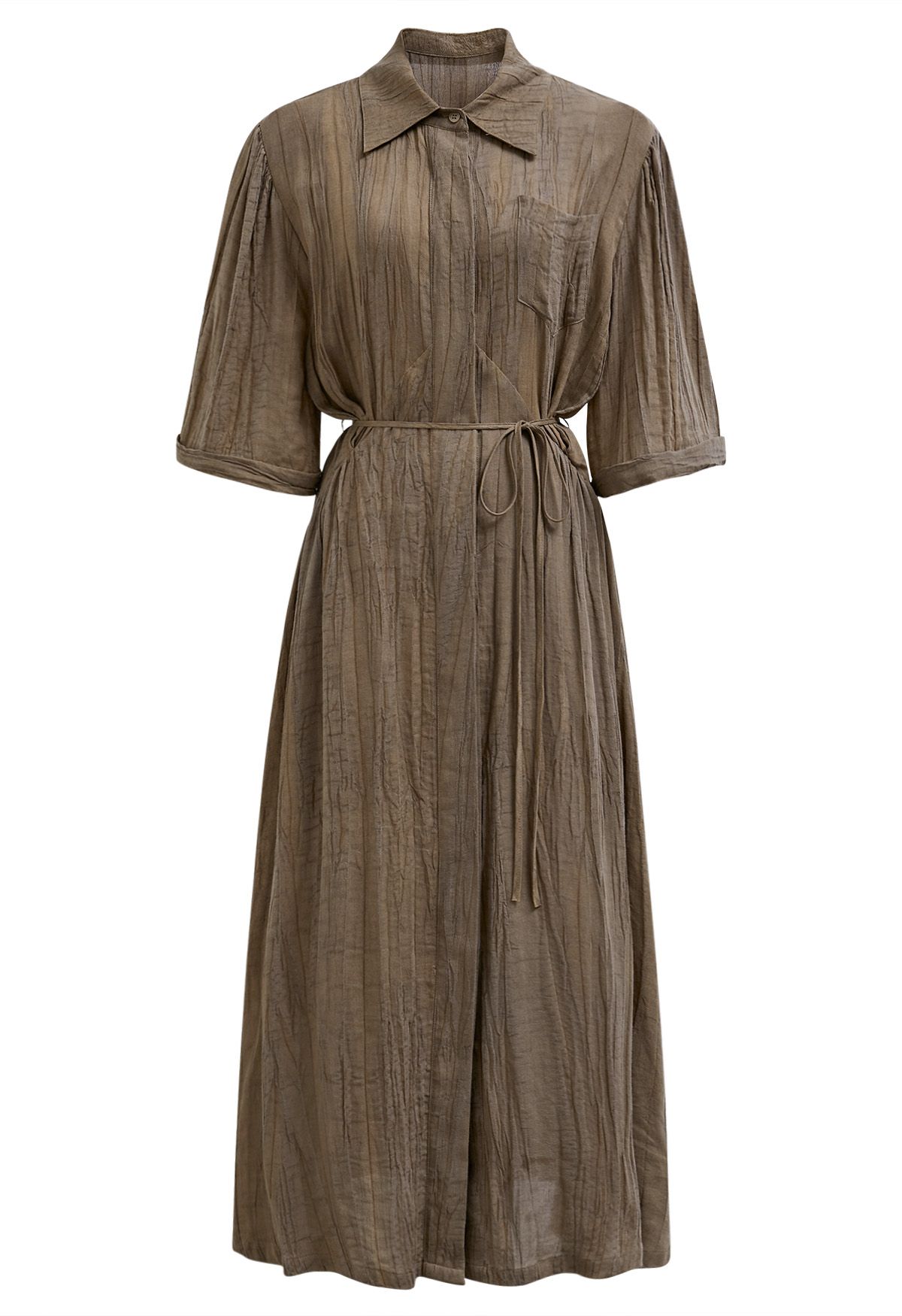 Robe chemise boutonnée à manches aux coudes et à la taille en marron