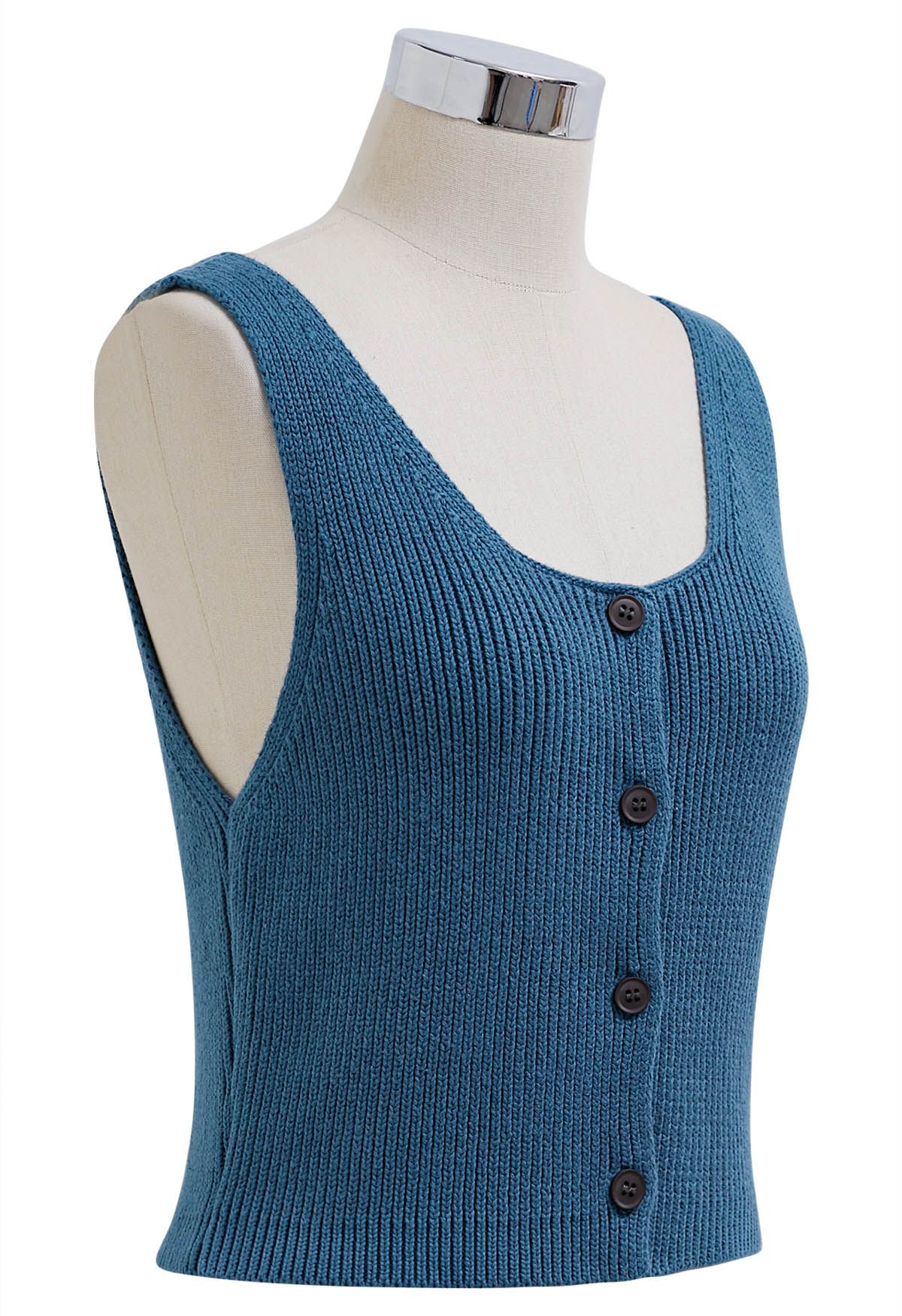 Haut court boutonné en tricot sans manches en bleu sarcelle