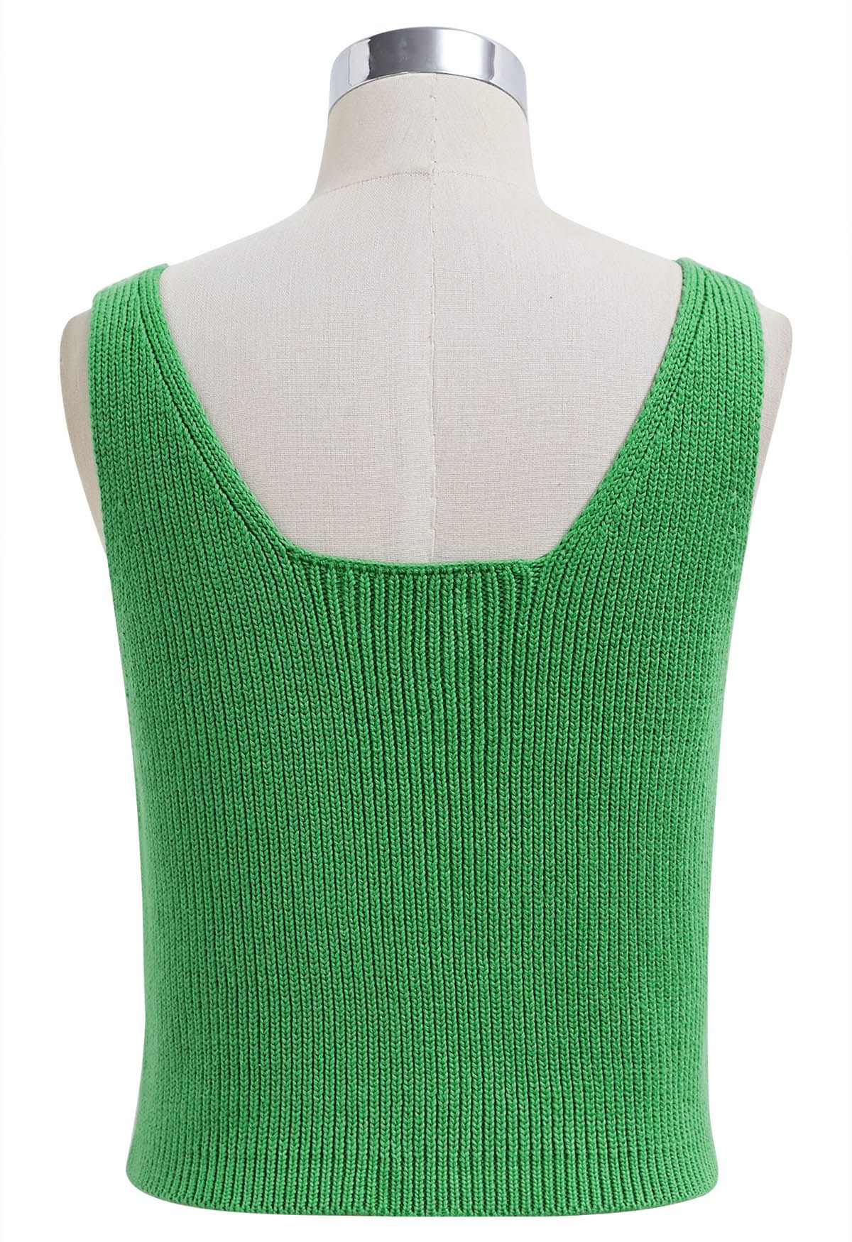 Top court boutonné en tricot sans manches en vert