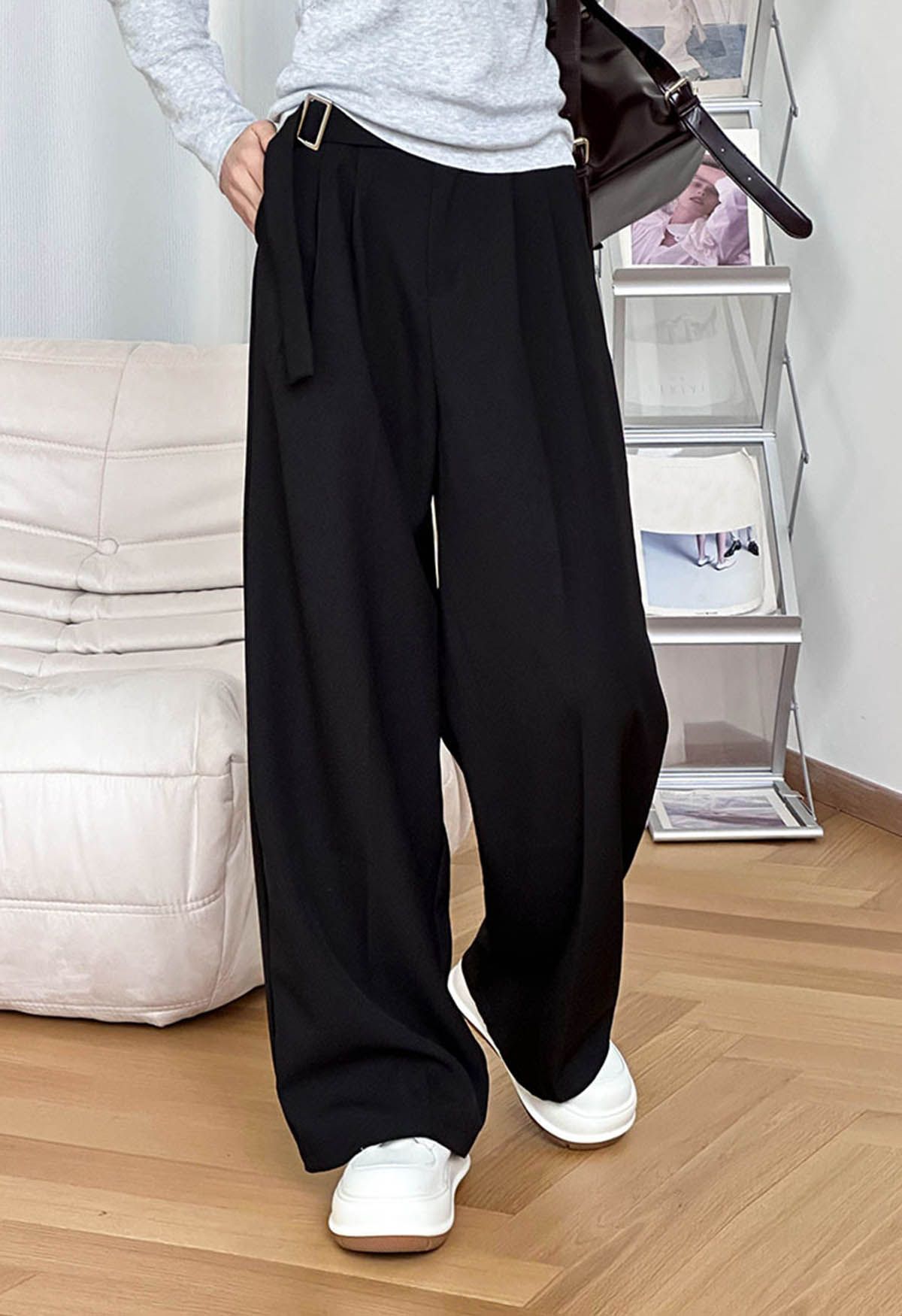 Pantalon large taille haute ceinturé uni en noir