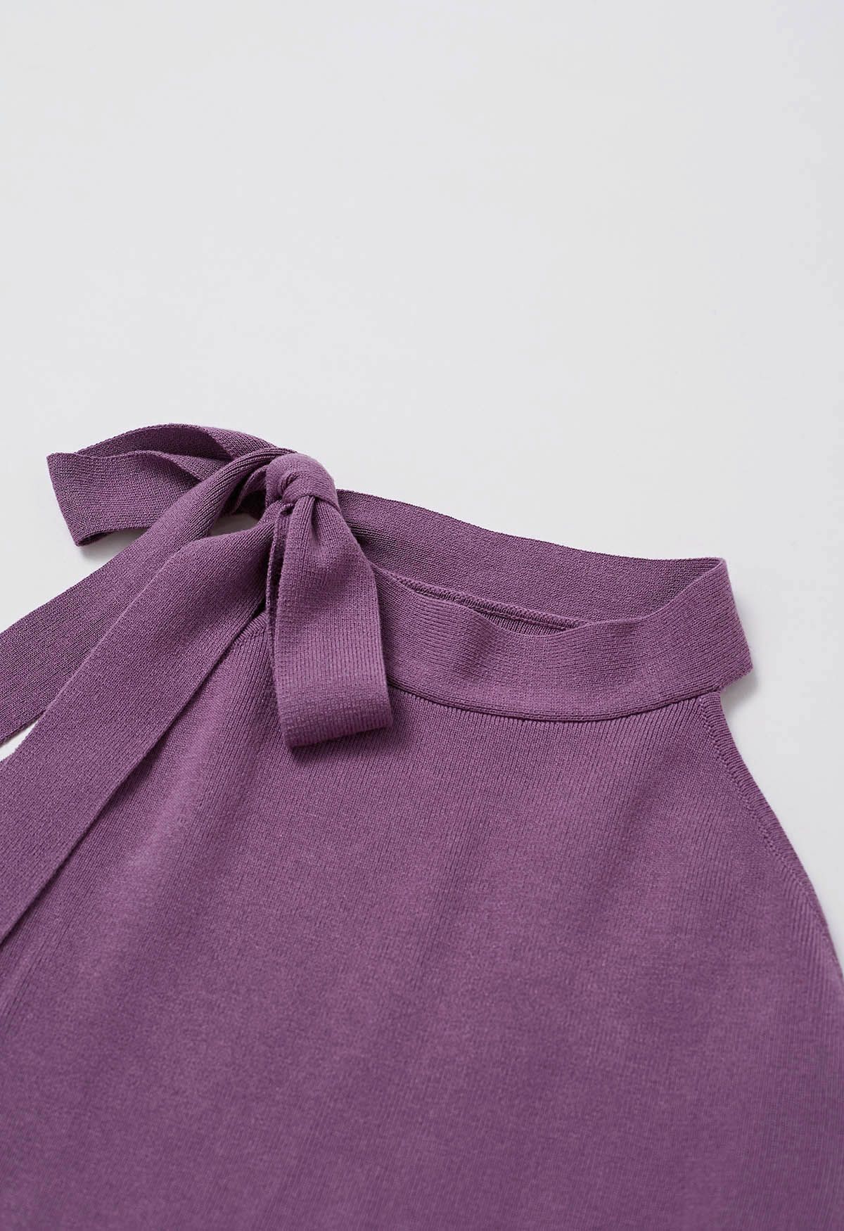 Robe en tricot moulante à encolure nœud papillon sur le côté en violet
