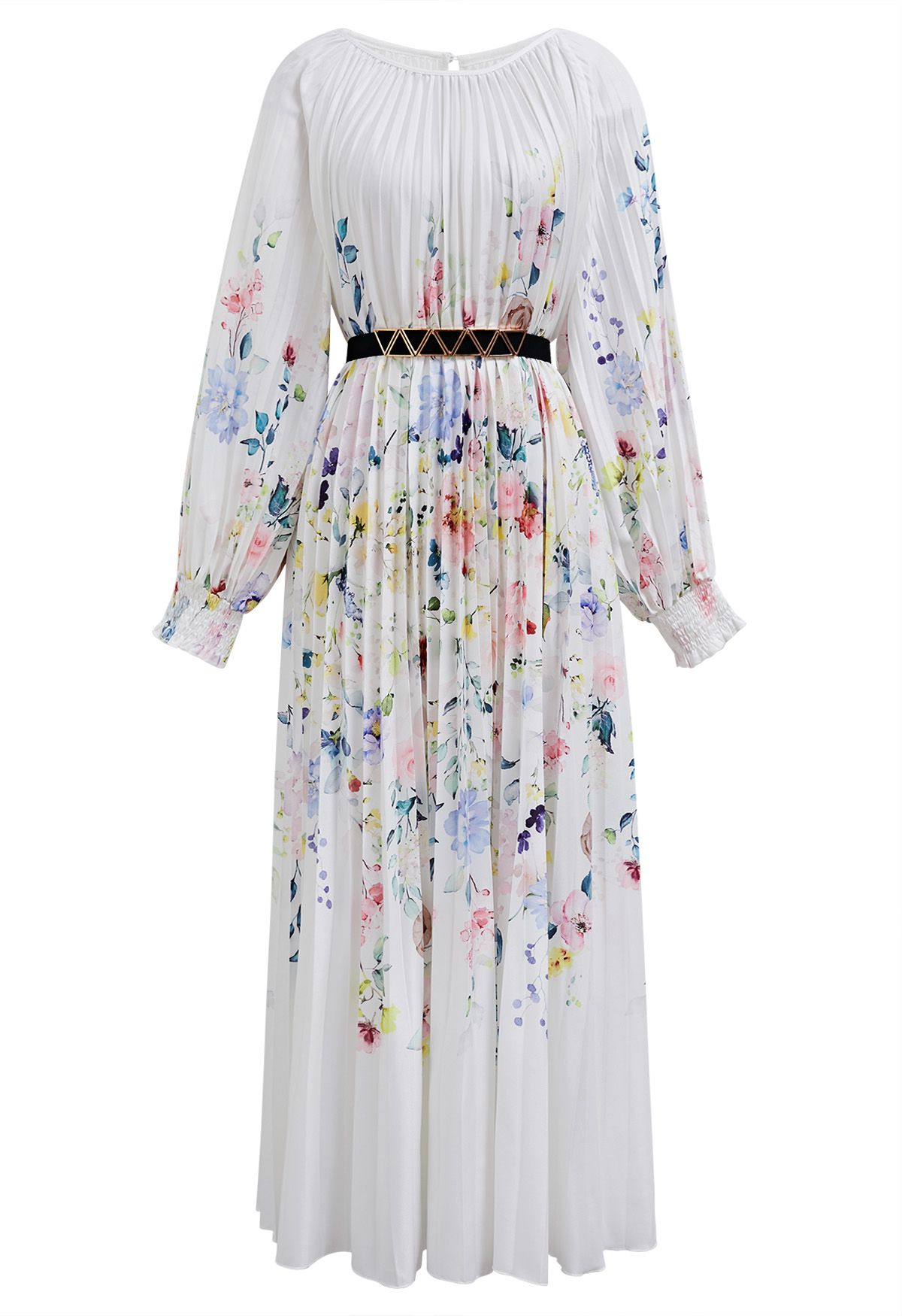 Blossoming Day - Robe longue plissée aquarelle en blanc