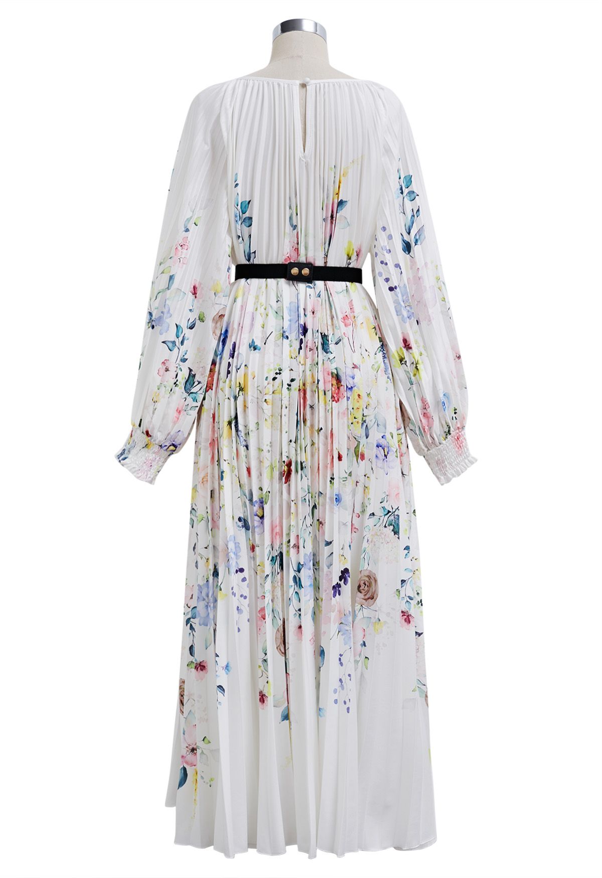 Blossoming Day - Robe longue plissée aquarelle en blanc