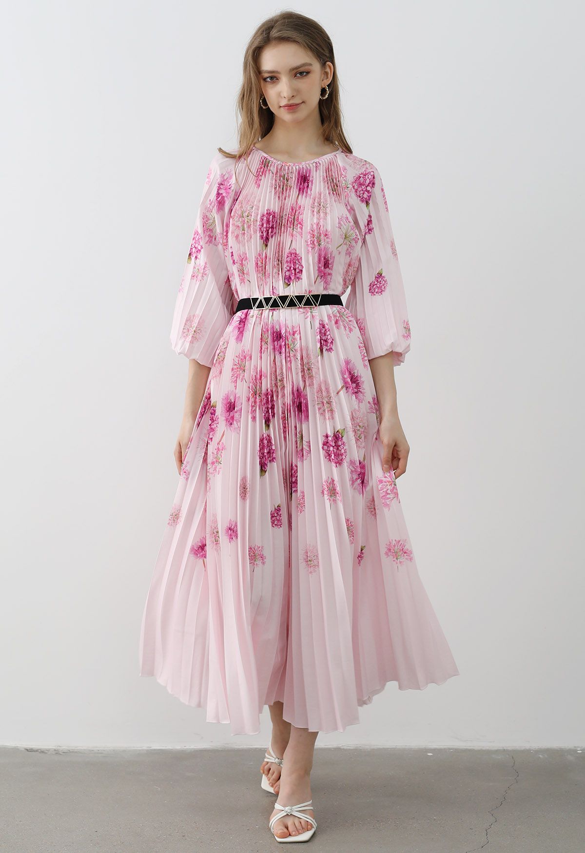 Blossoming Day - Robe longue plissée aquarelle en rose