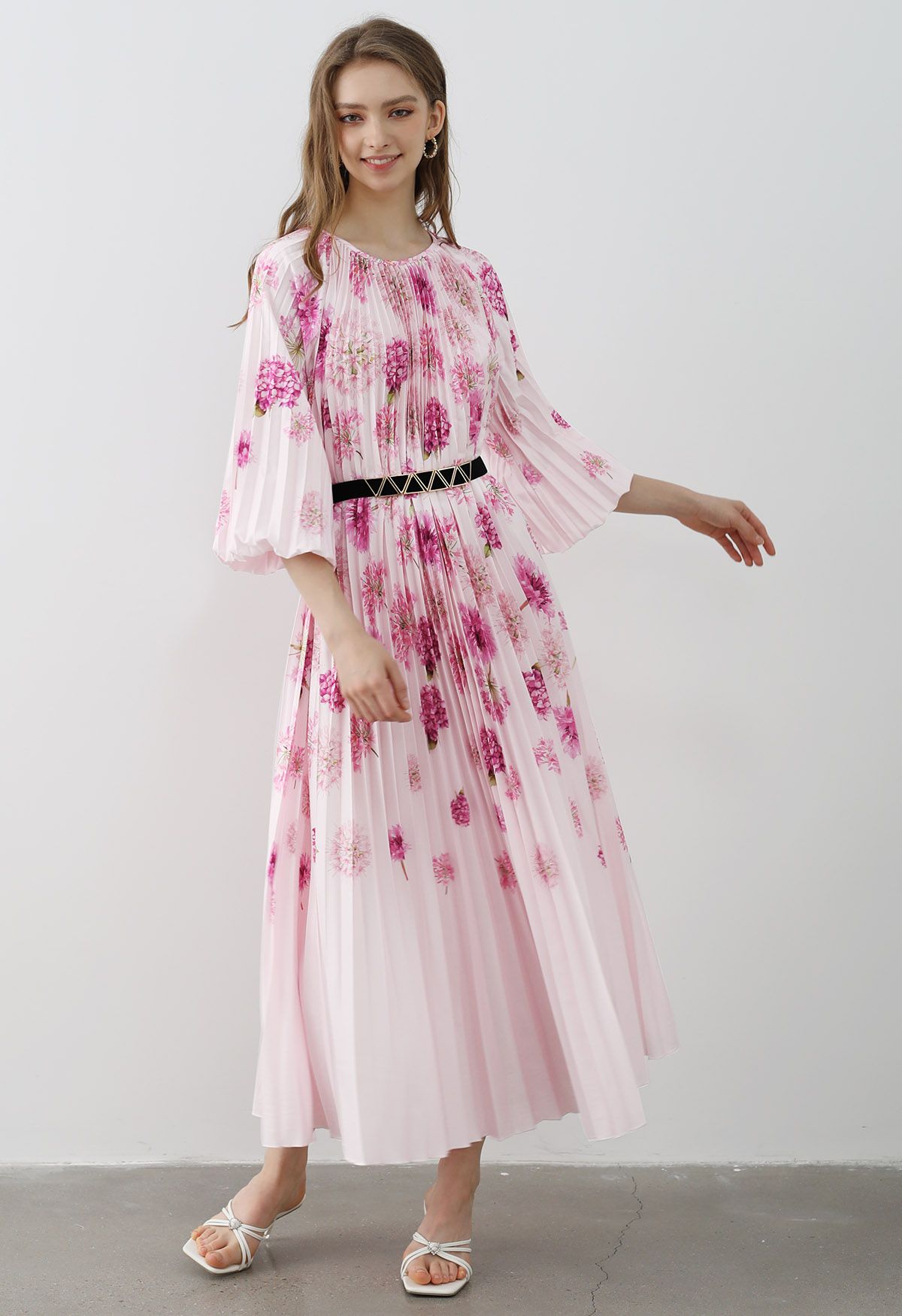 Blossoming Day - Robe longue plissée aquarelle en rose