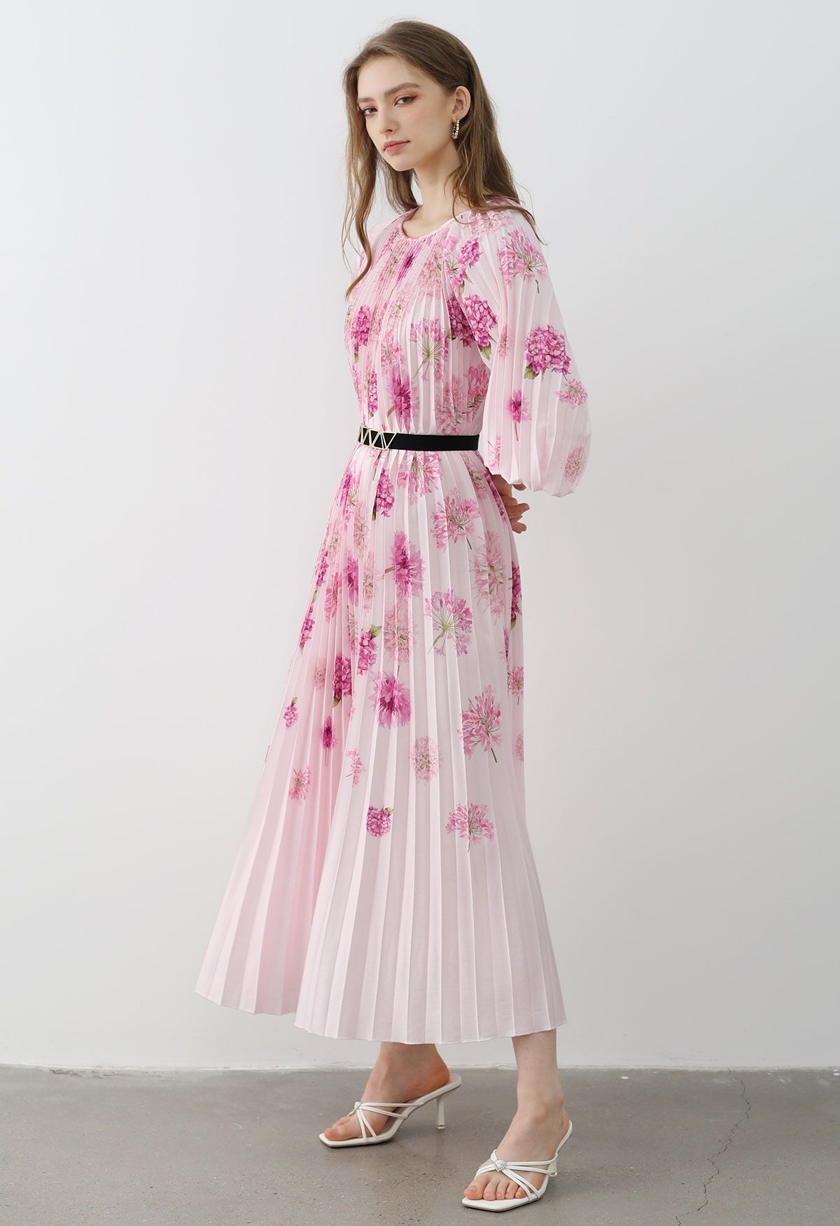 Blossoming Day - Robe longue plissée aquarelle en rose