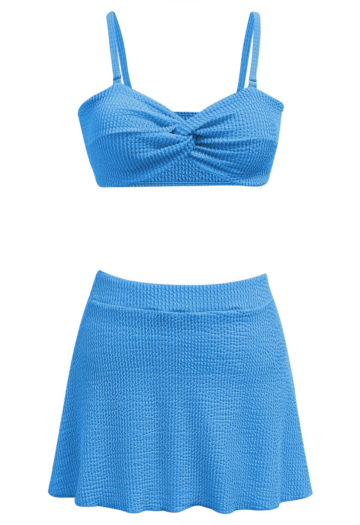 Ensemble de bikini torsadé à texture ondulée trois pièces en bleu