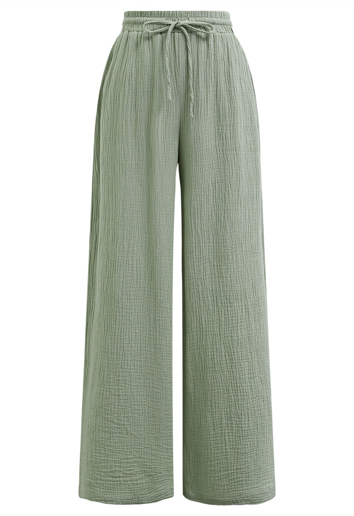 Pantalon léger à cordon de serrage en coton vert pois