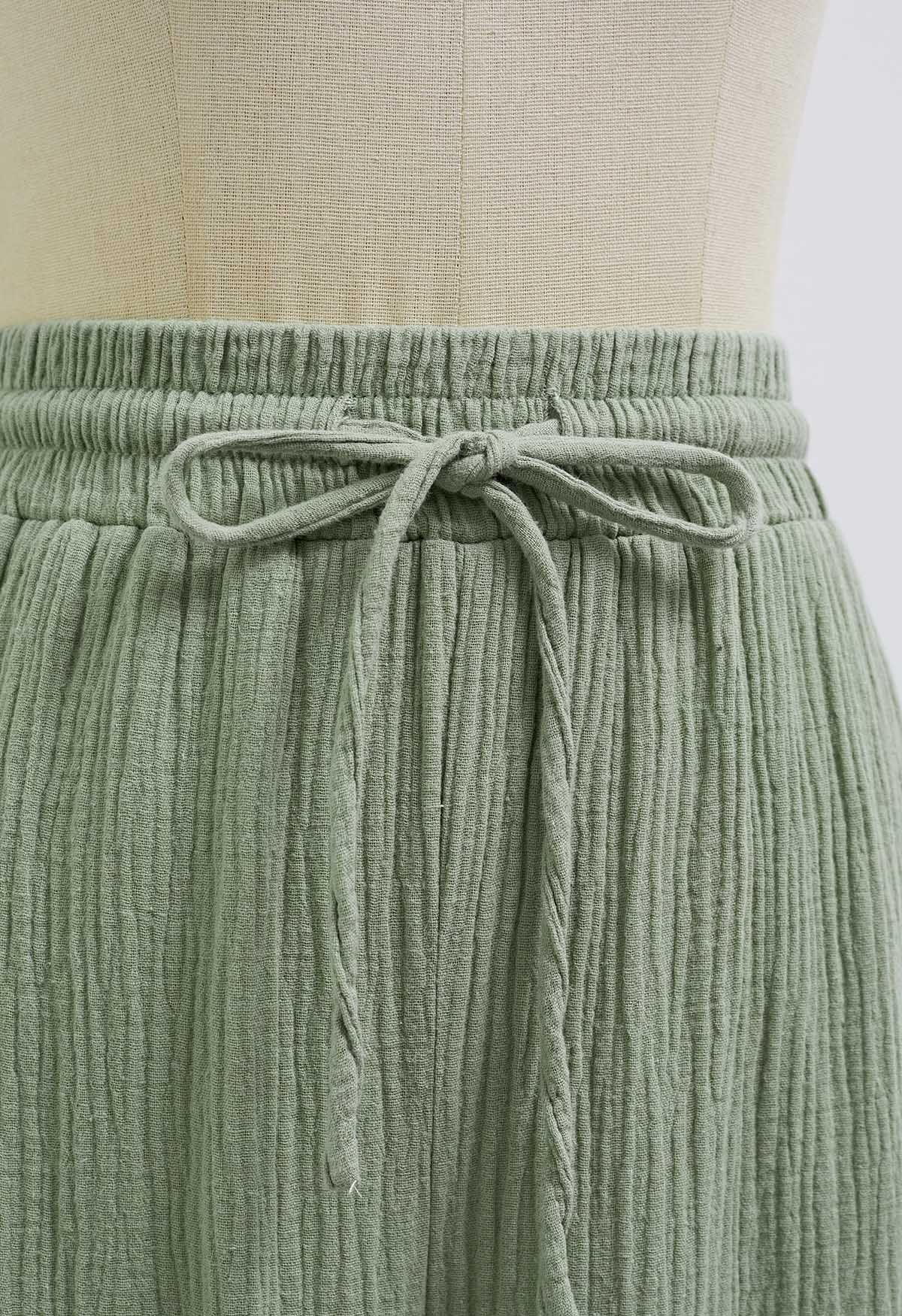 Pantalon léger à cordon de serrage en coton vert pois