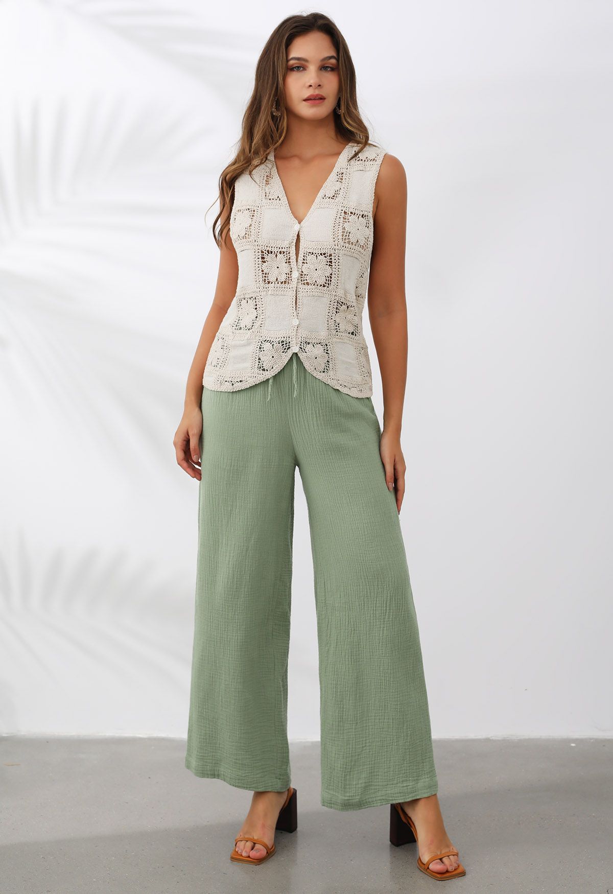 Pantalon léger à cordon de serrage en coton vert pois