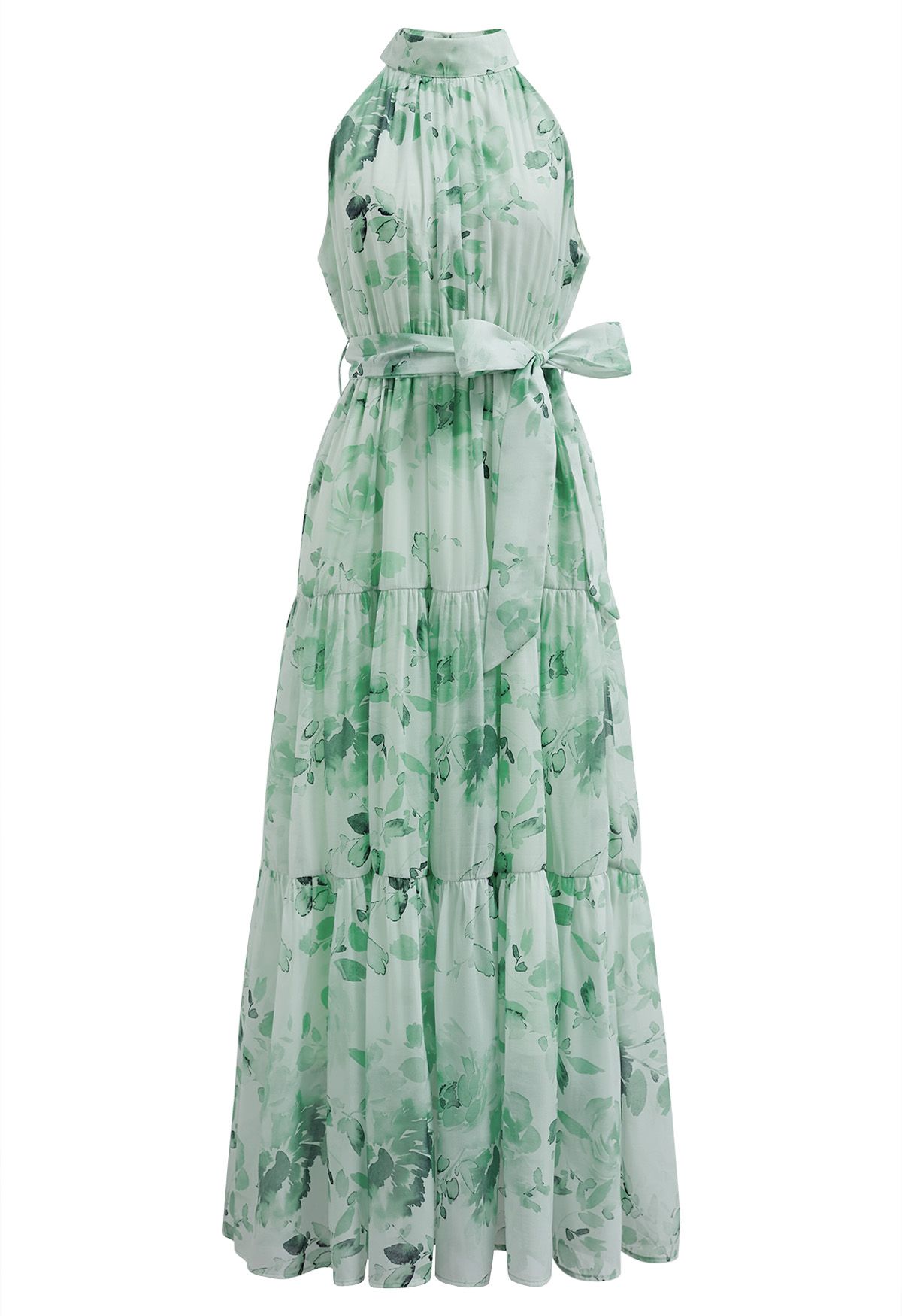 Robe longue florale à col licou et nouée à la taille, couleur menthe