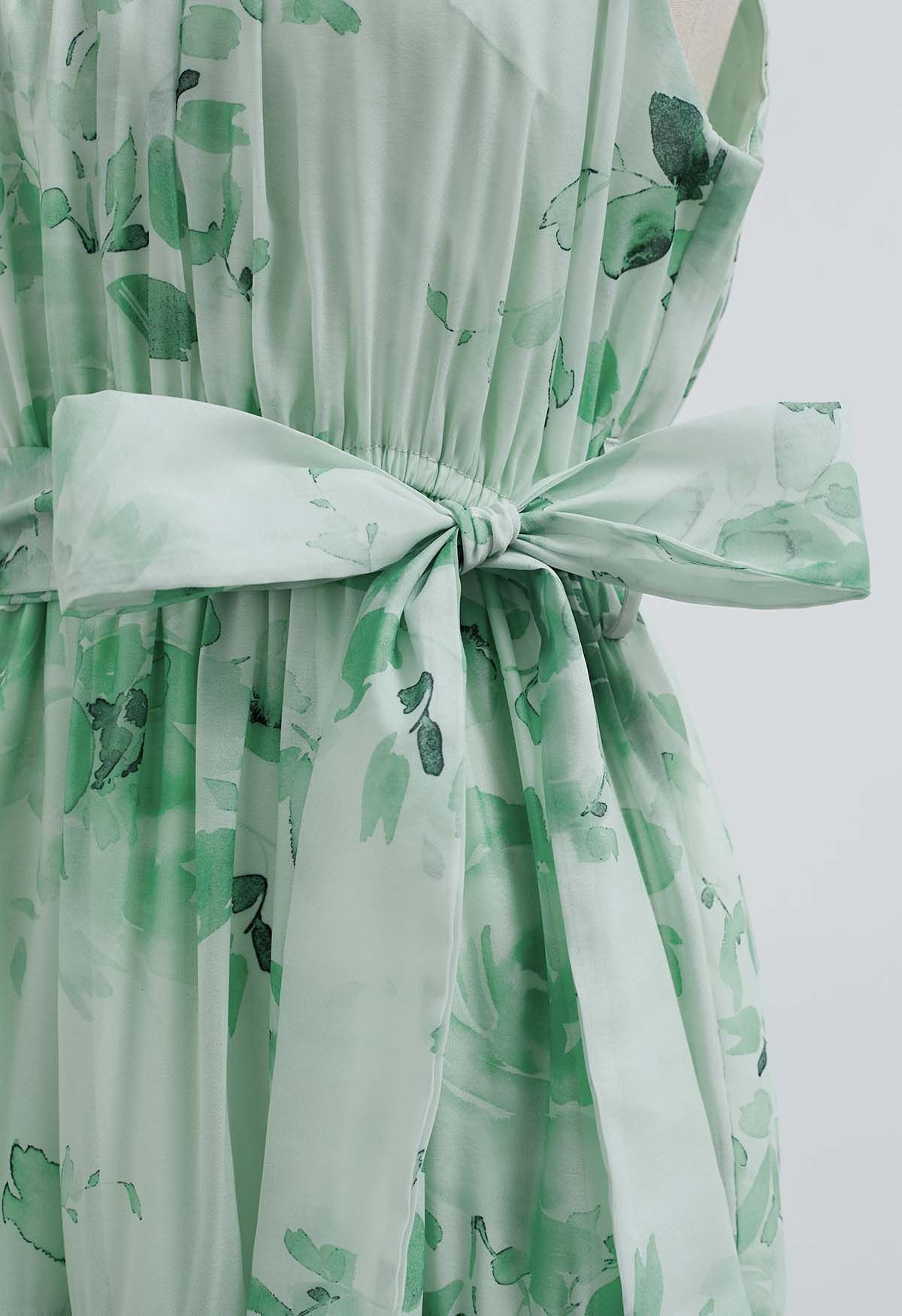 Robe longue florale à col licou et nouée à la taille, couleur menthe