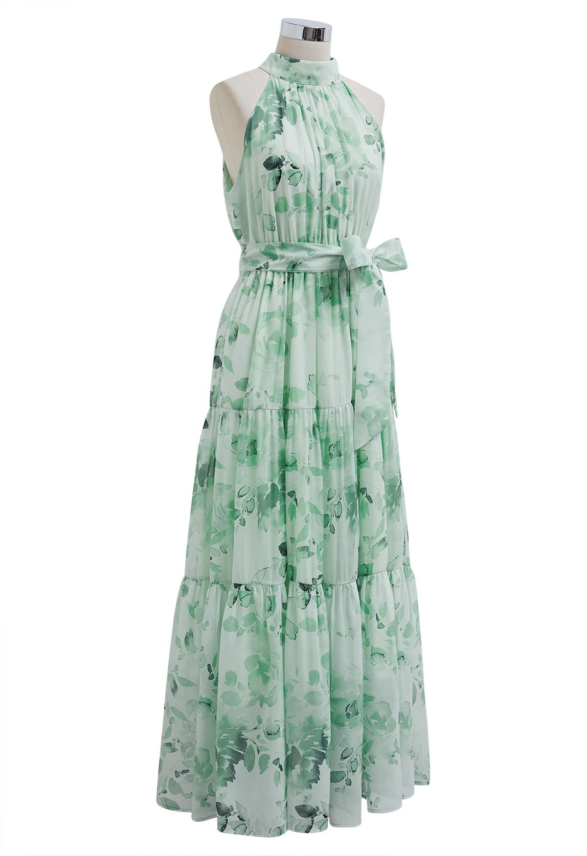 Robe longue florale à col licou et nouée à la taille, couleur menthe