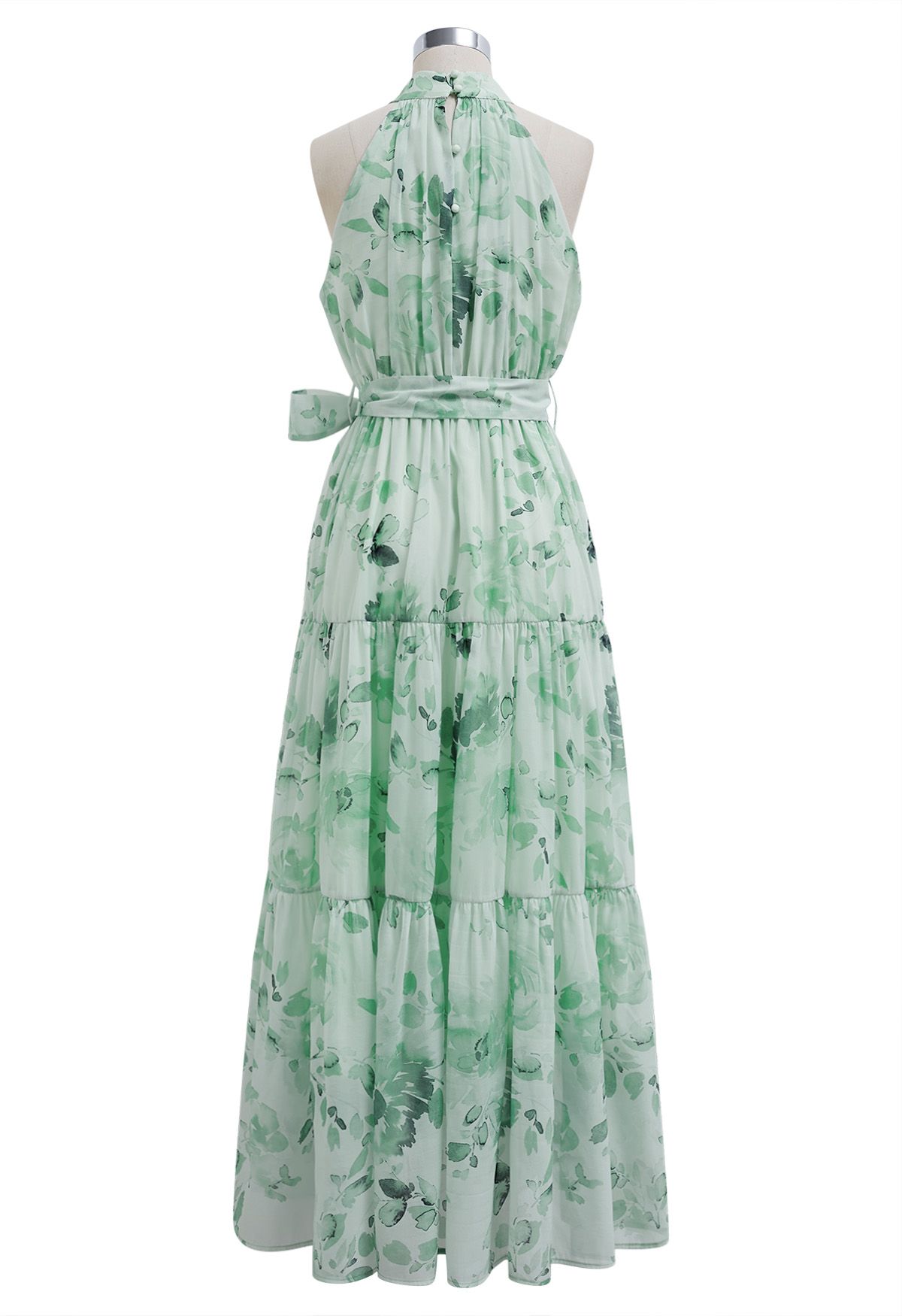 Robe longue florale à col licou et nouée à la taille, couleur menthe