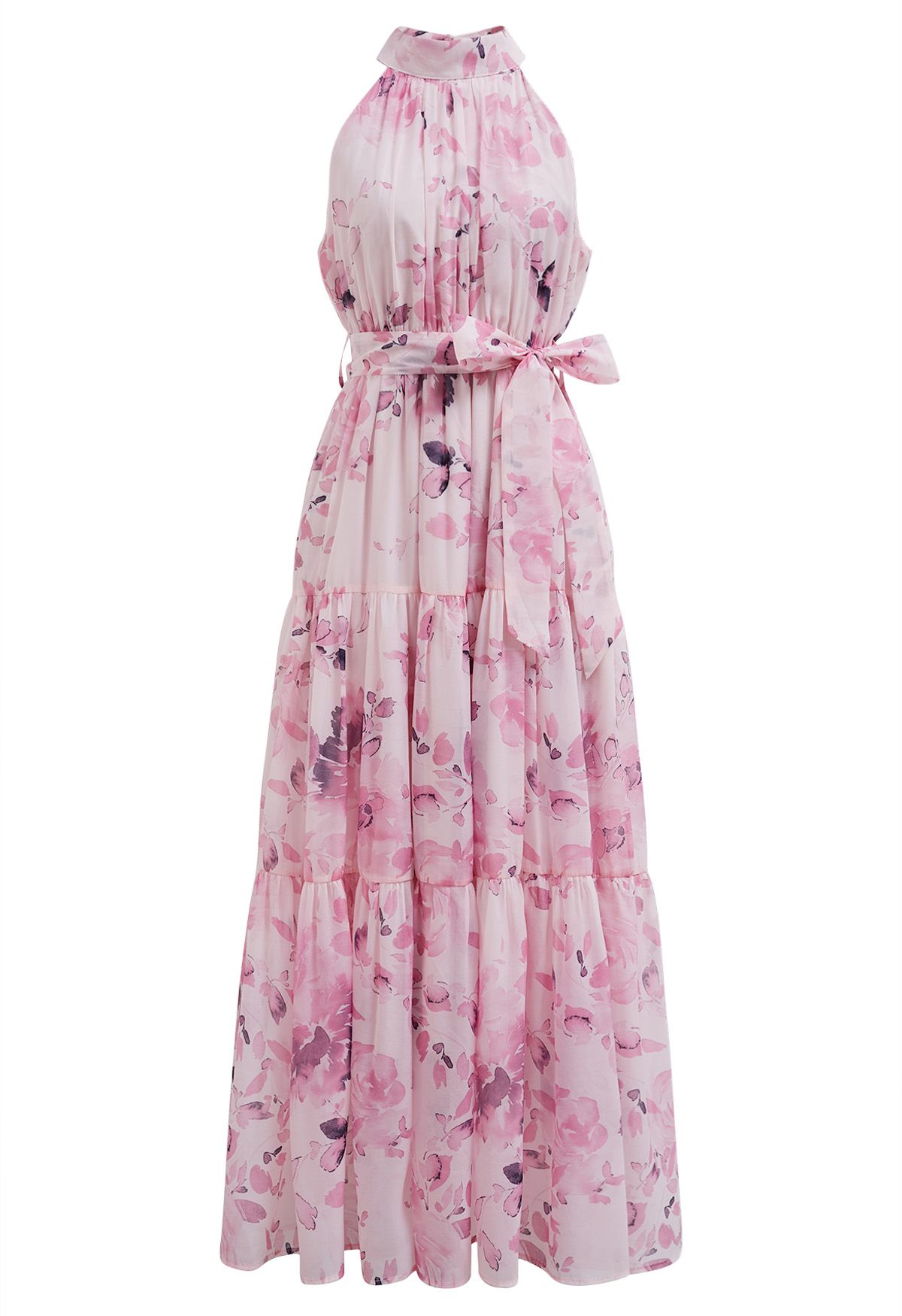 Robe longue florale à col licou et nouée à la taille en rose