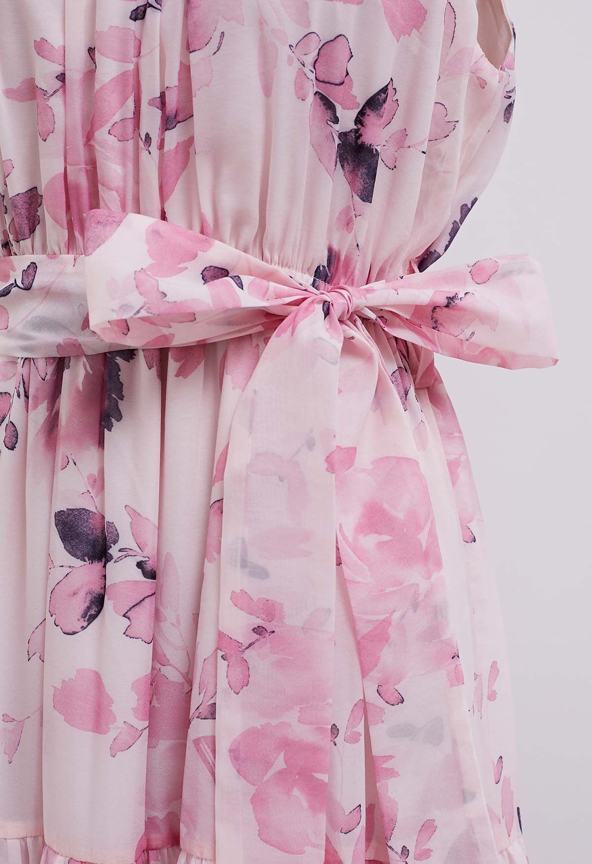 Robe longue florale à col licou et nouée à la taille en rose