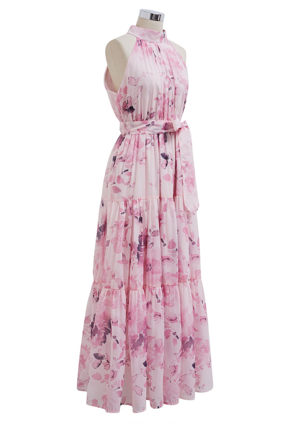 Robe longue florale à col licou et nouée à la taille en rose