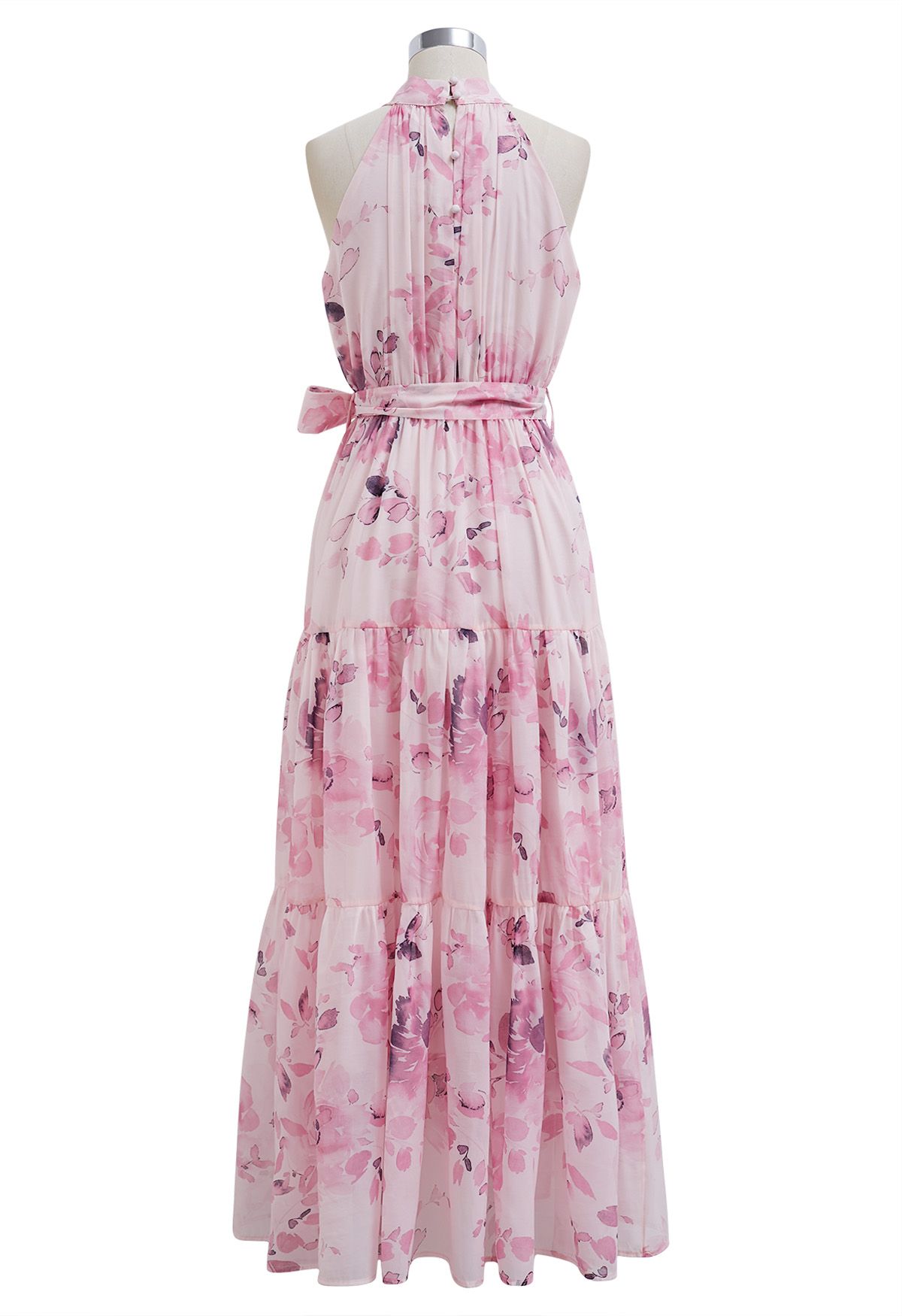 Robe longue florale à col licou et nouée à la taille en rose