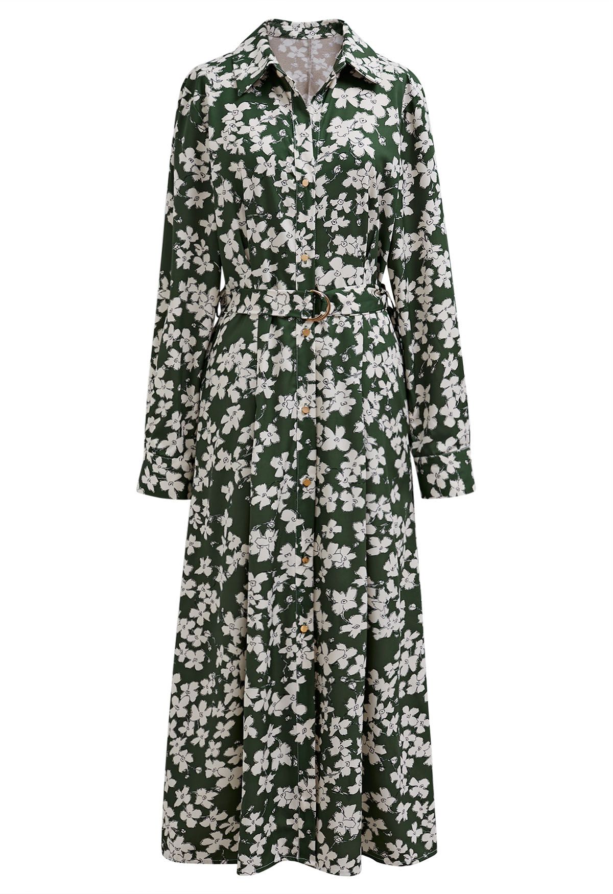 Robe longue ceinturée à imprimé floral et col en V