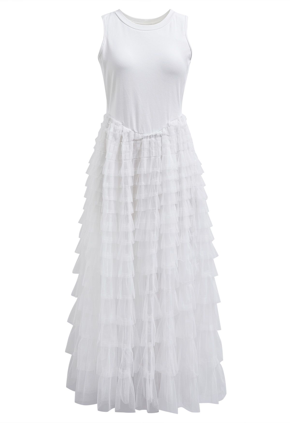 Robe longue sans manches en maille à plusieurs niveaux en blanc